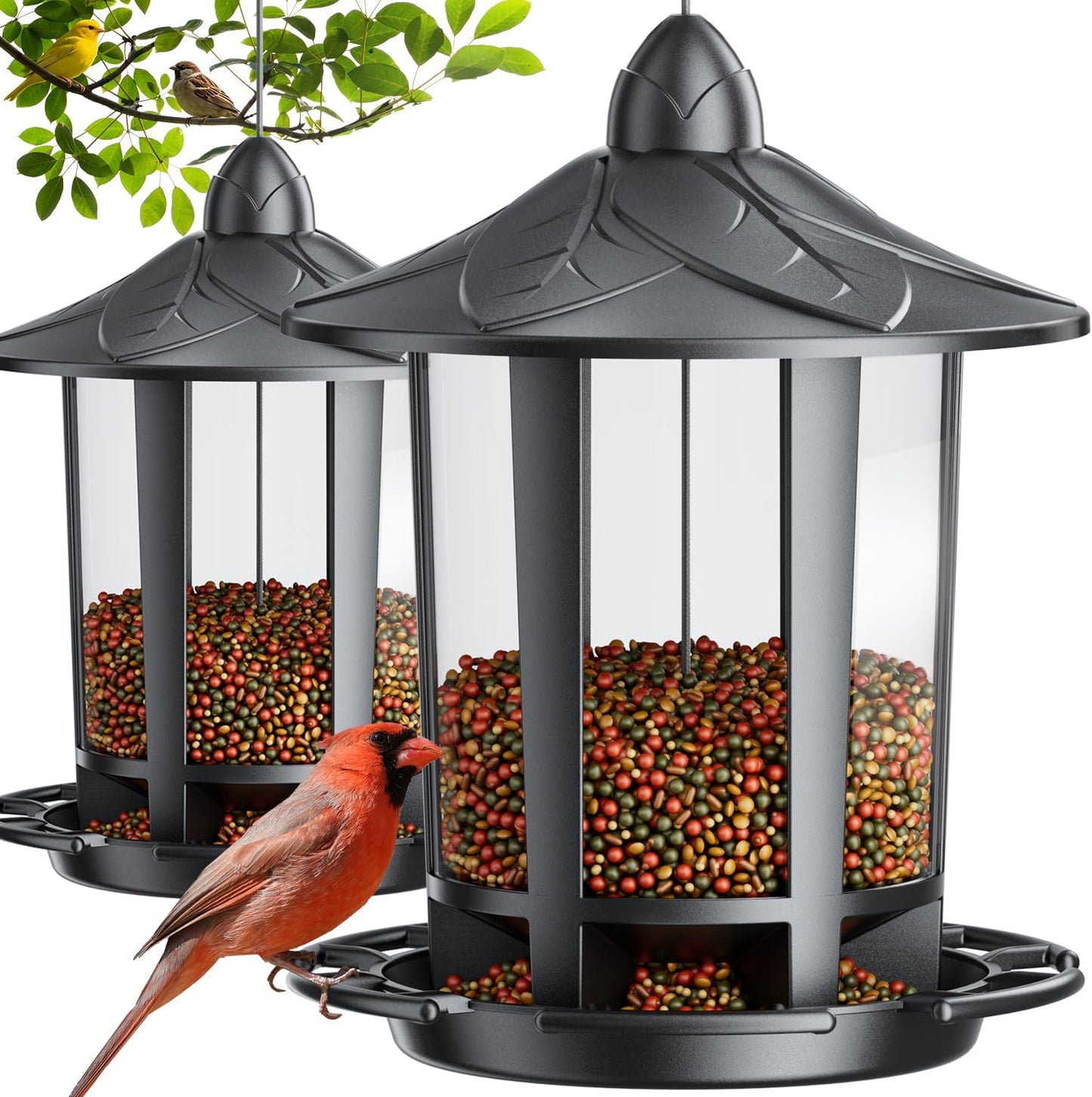 Birdream 2 Pack Bird Feeders for Outdoor Hanging, Assembly Required, 1-Min Easy Setup, Charming Castle Design, Attracting Cardinals Chickadees Goldfinches & Sparrows - Black