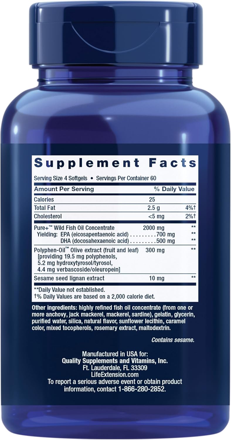 Life Extension Super Omega-3 EPA/DHA Fish Oil, Sesame Lignans & Olive Extract – Heart Health, Brain Health, Inflammation Health Support, Gluten-Free, Easy to Swallow, Non-GMO, 240 Softgels