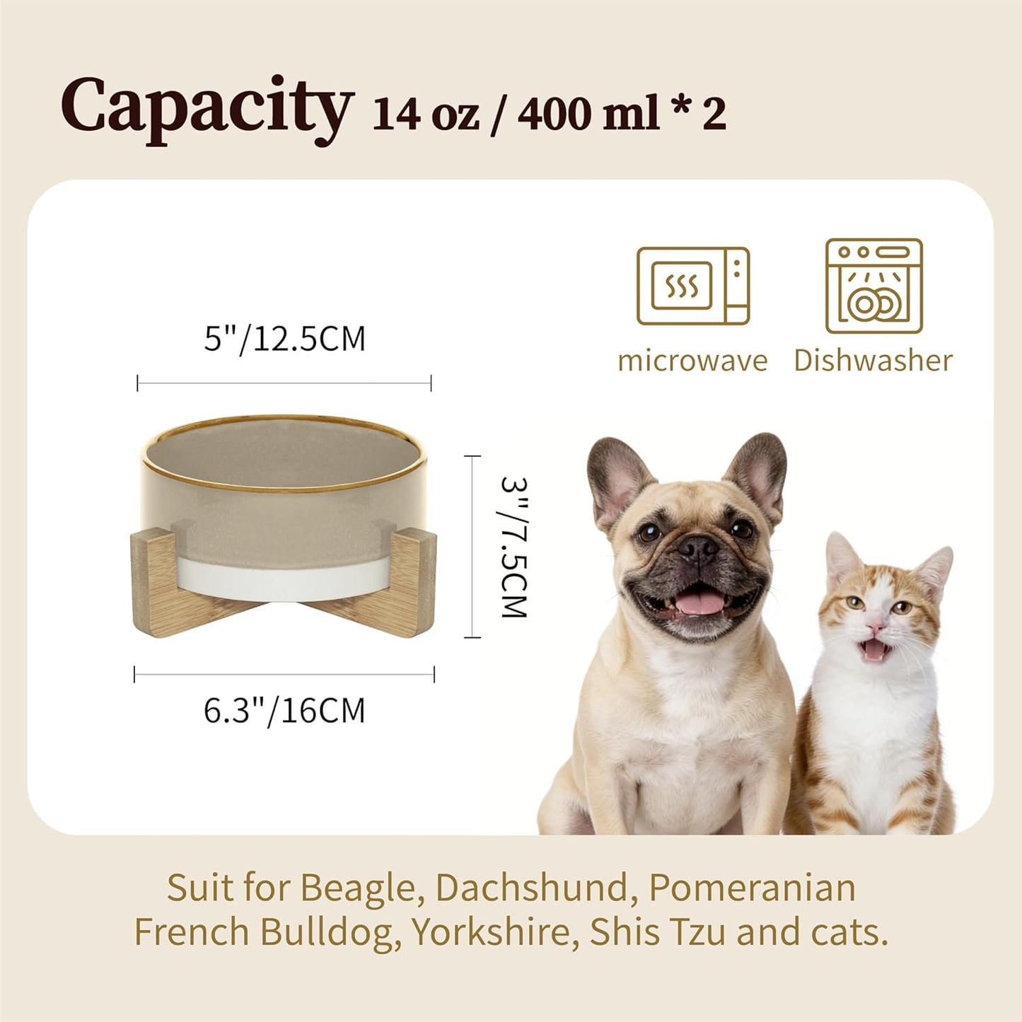 Elevated Ceramic Cat and Dog Double Bowl Set - 14 oz Lead-Free Feeder with Two Natural Bamboo Wood Stands (Brown)