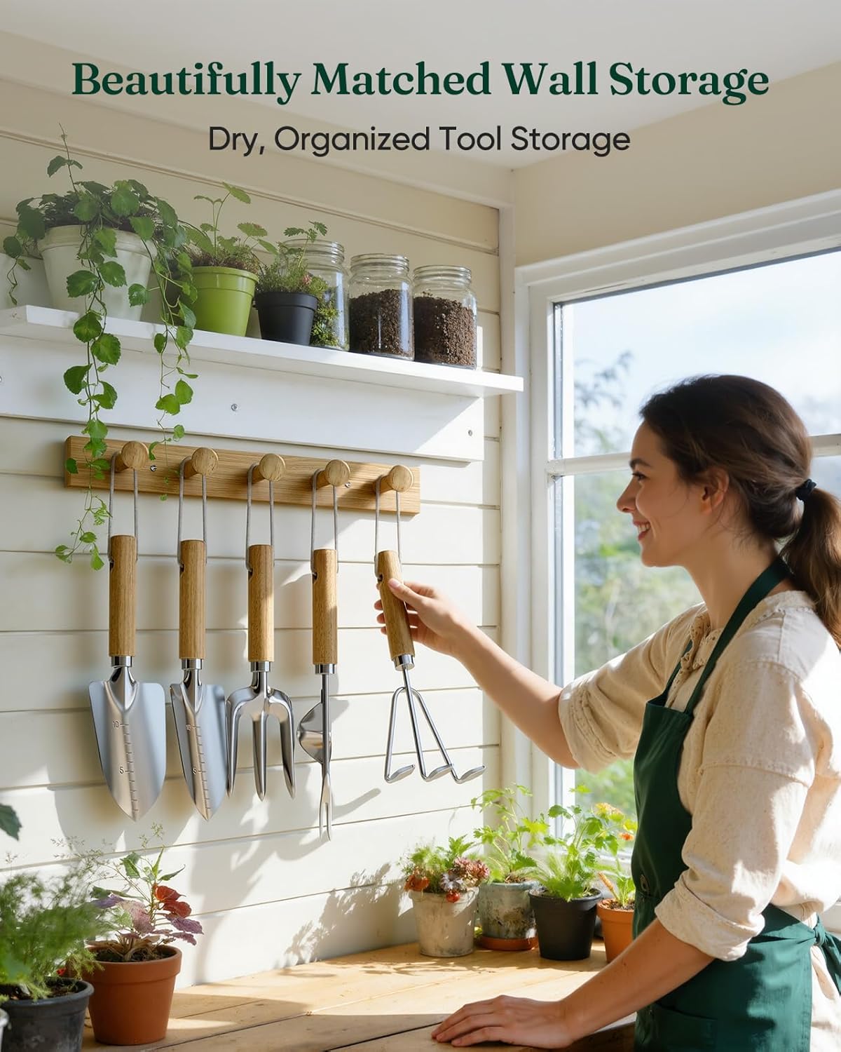 Wood Wall Hooks Organizer Gardening Tool Set, 6-Piece Garden Tools with 5 Sturdy Wooden Hooks for Wall, Rust-Proof Outdoor Garden Tool Set, Gardening Gifts for Women, Coat Rack Wall Mount