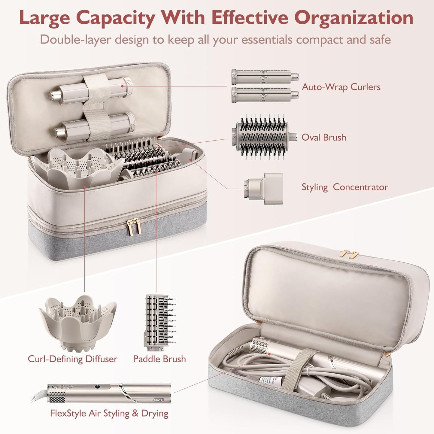 Travel Carrying Case for Hair Dryer Shark Flexstyle FlexFusion Airwrap Brush Double-Layer Hair Accessories Tools Storage Bag for Revlon Hairdryer Styler Organizer