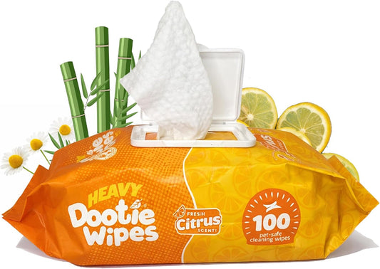 HEAVY Dootie Wipes - Convenient Durable Dog Wipes for Paws, Butt with Very Mild Pleasant Citrus Scent, 100 Count - Puppy Essentials Pet wipes, Dog Wipes Cleaning and Deodorizing. Made with Bamboo.