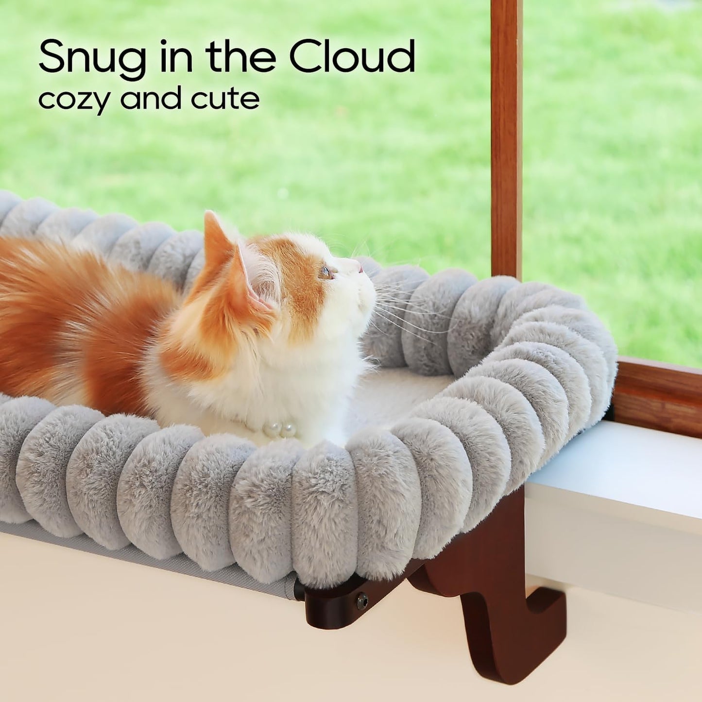 Zakkart SnugCloud Cat Window Perch with 4-Sided Bolster - Large Cat Hammock for Window Sill - Solid Hardwood & Metal Frame - Window Seat for Pets (Dark Stained Wood w/Gray Bed, Large)