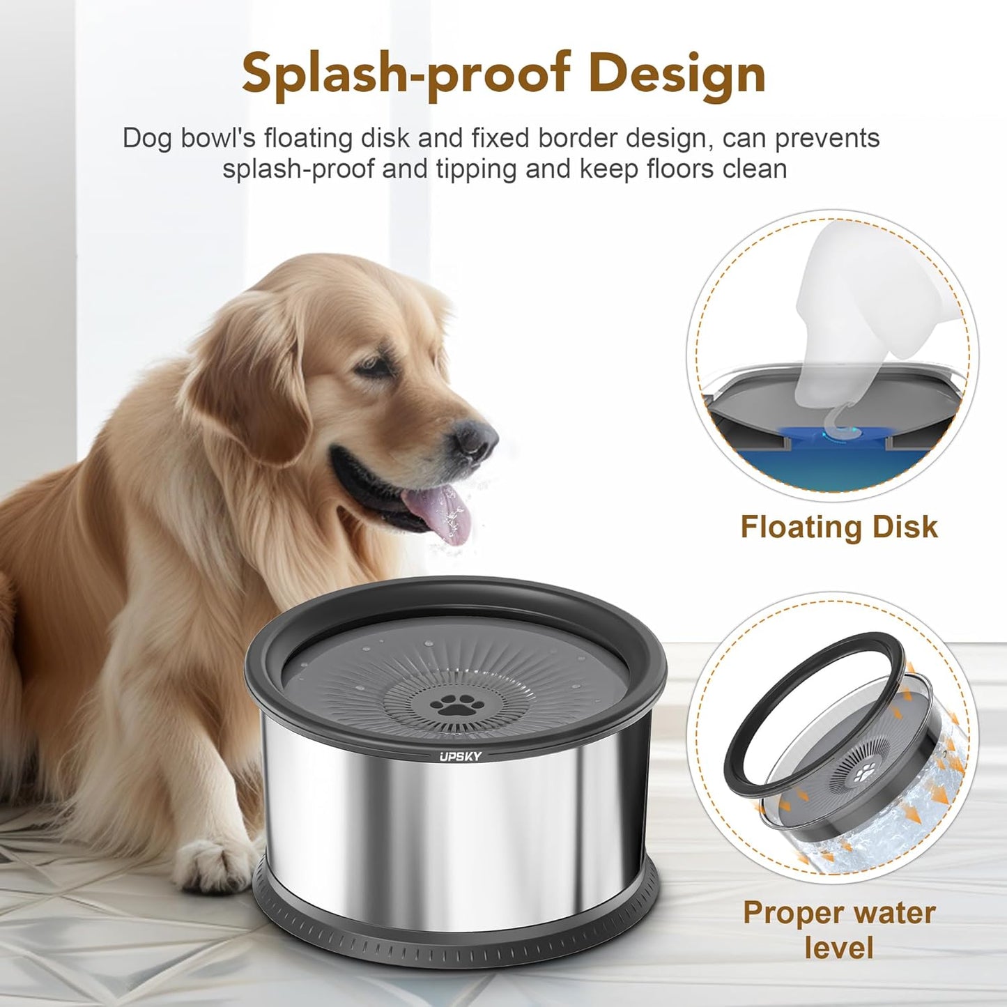UPSKY 4.5L Dog Water Bowl,Large Capacity No Spill Dog Water Bowl,Stainless Steel Spill Proof Slow Water Feeder,No Splash Water Bowl with Anti-Slip Mat for Messy Drinkers Grey, B.4.5L