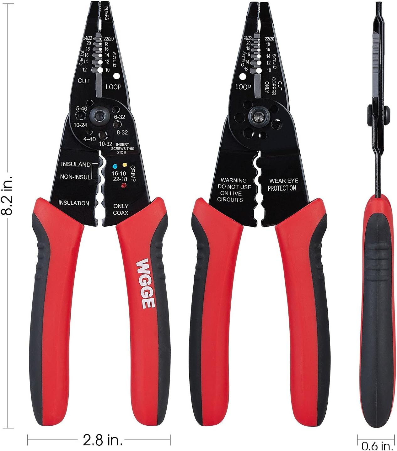 WGGE WG-015 Professional 8-inch Wire Stripper/Crimping Tool, Cable Cutter/Crimper, Wiring and Multi-Function Hand Tool, Red With Black