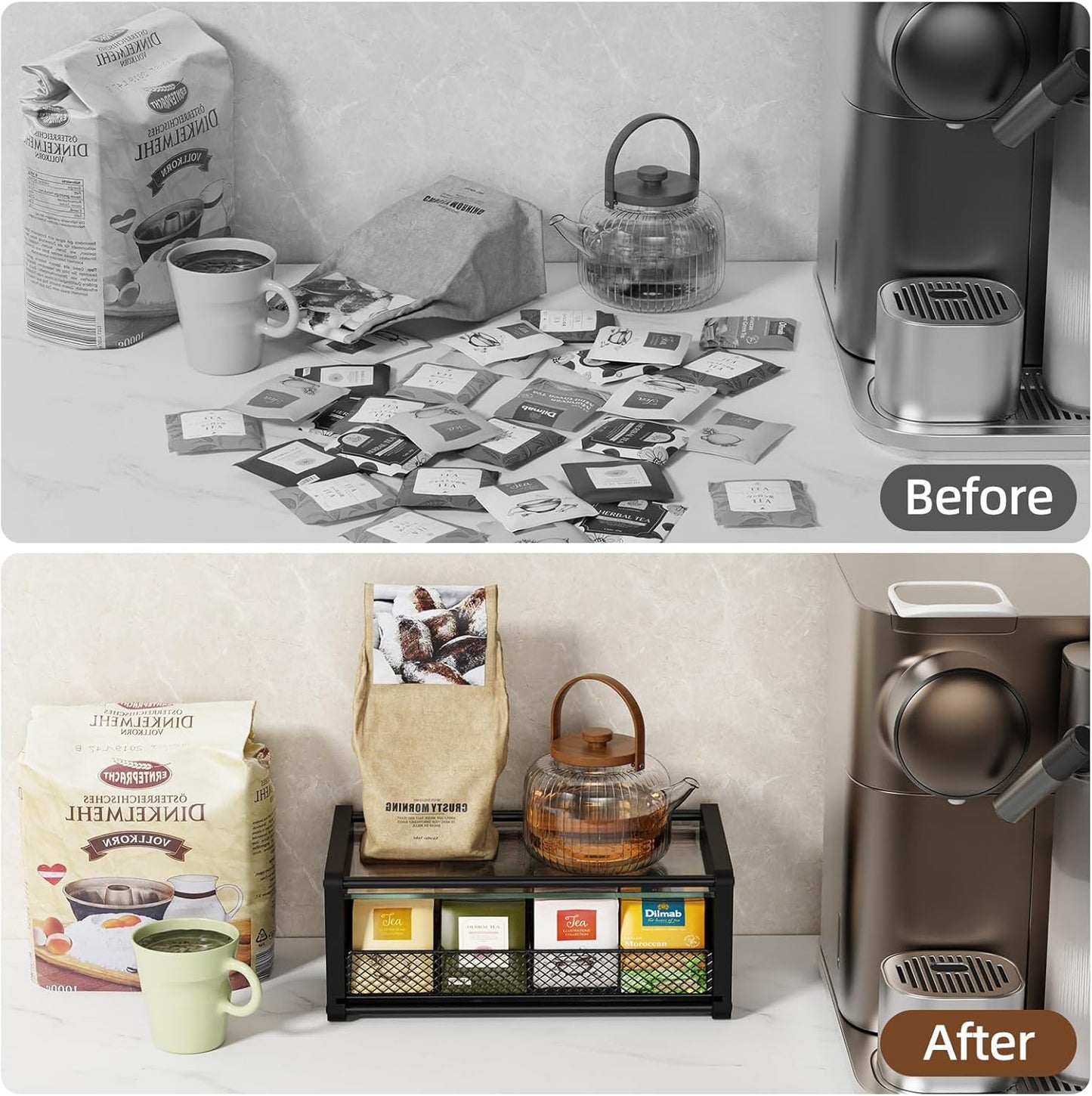 Tea Bag Organizer, Tea Organizer and Storage with Drawers, Tea Bag Holder with Divided Compartments, Wooden Kitchen Organizers and Storage for Kitchen, Countertop, Office, Tea Station