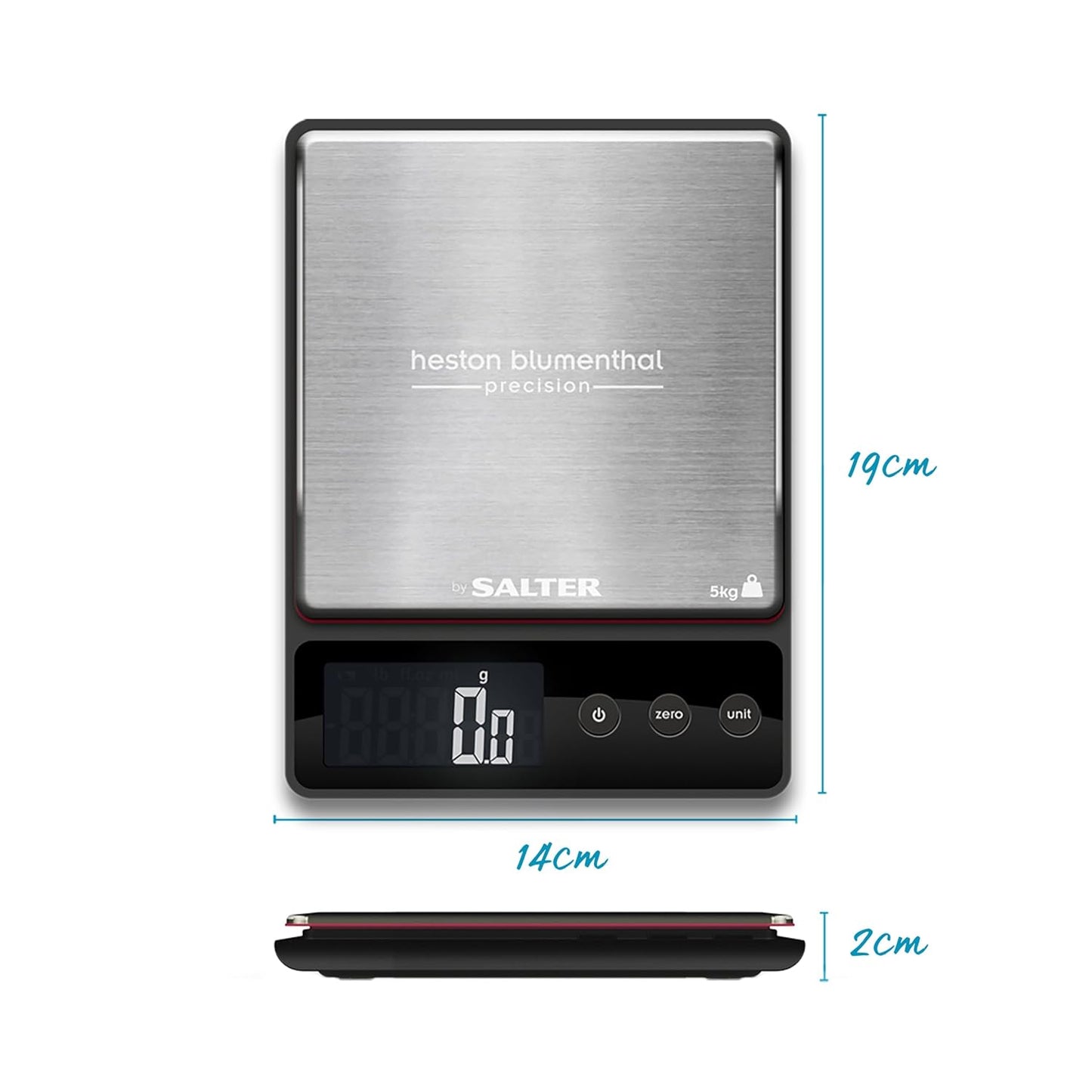 Salter Heston Blumenthal Precision 1140A HBBKDR Digital Kitchen Scales - Premium Compact Baking/Cooking Scale, for Weighing Food/Coffee and Liquid, 0.5 g Increments, Slim, Stainless Steel/Black