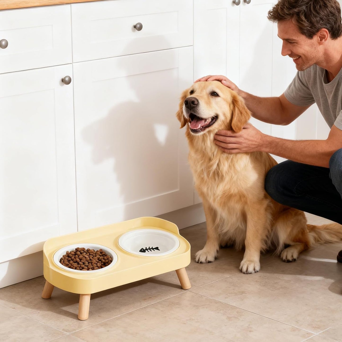 Elevated Pet Bowls, Ceramic Non Slip Water Feeder, 20x15cm Adjustable Feeding Station, Glazed Pet Dish with Stand, Dog Cat Bowl with Stable Base, Indoor Outdoor Home Yard Use for Small Medium Pets
