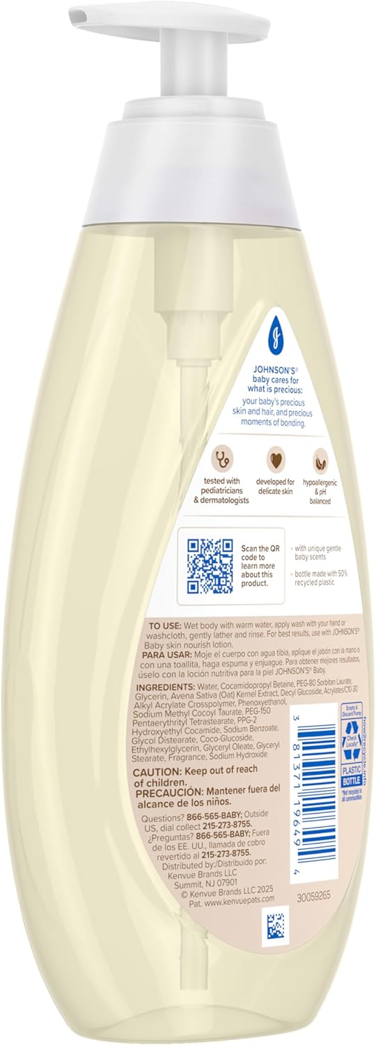 Johnson's Skin Nourishing Moisture Baby Wash, Vanilla & Oat Scents, Tear-Free, Hypoallergenic Baby Body Wash Cleanses, Protects from Dryness, & Leaves Skin Feeling Hydrated, 20.3 fl. oz