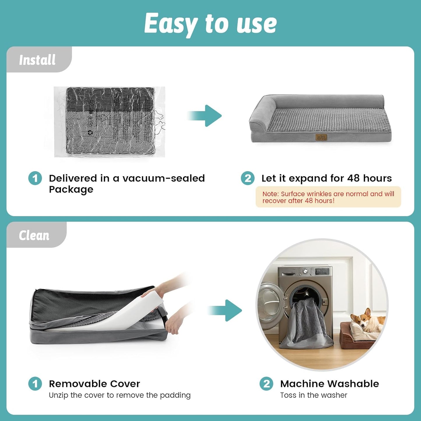 Orthopedic Dog Bed for Extra Large Dog 44x32 inch, XL Pet Sofa, Bolster Foam Bed with Sides, Non-Slip and Egg-Crate Big Dog Couch Bed with Washable Removable Cover, Grey