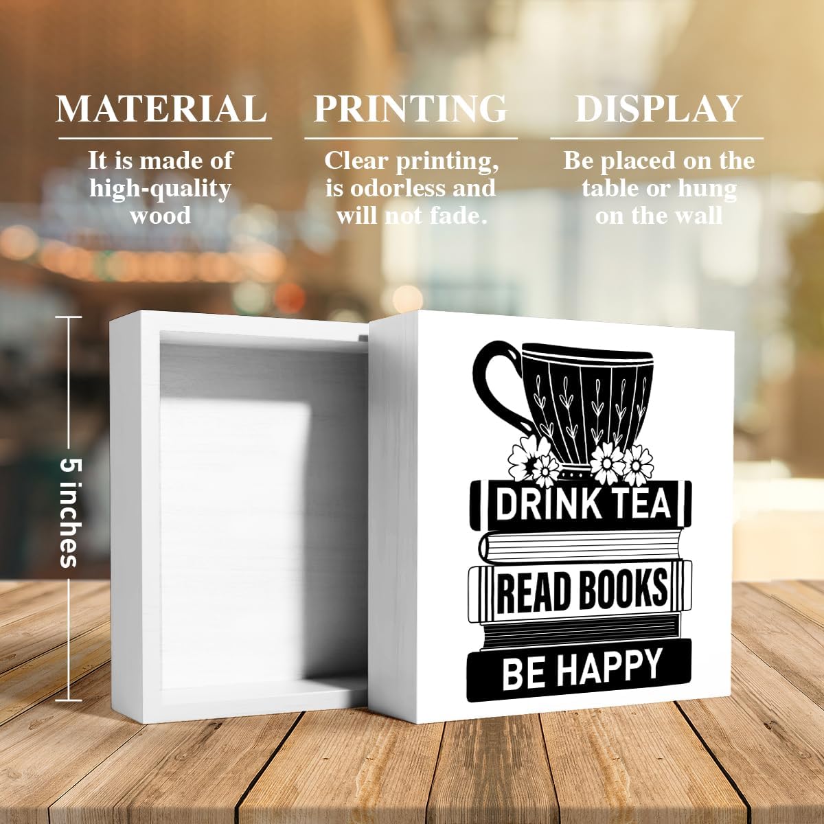 Tea Decor Wooden Box Sign, Tea Bar Tea Station Pantry Table Decor for Office Home Kitchen Decoration, Tea Lover Gifts for Women Men, Book Lover Gifts for Women Men, Drink Tea Read Books Be Happy
