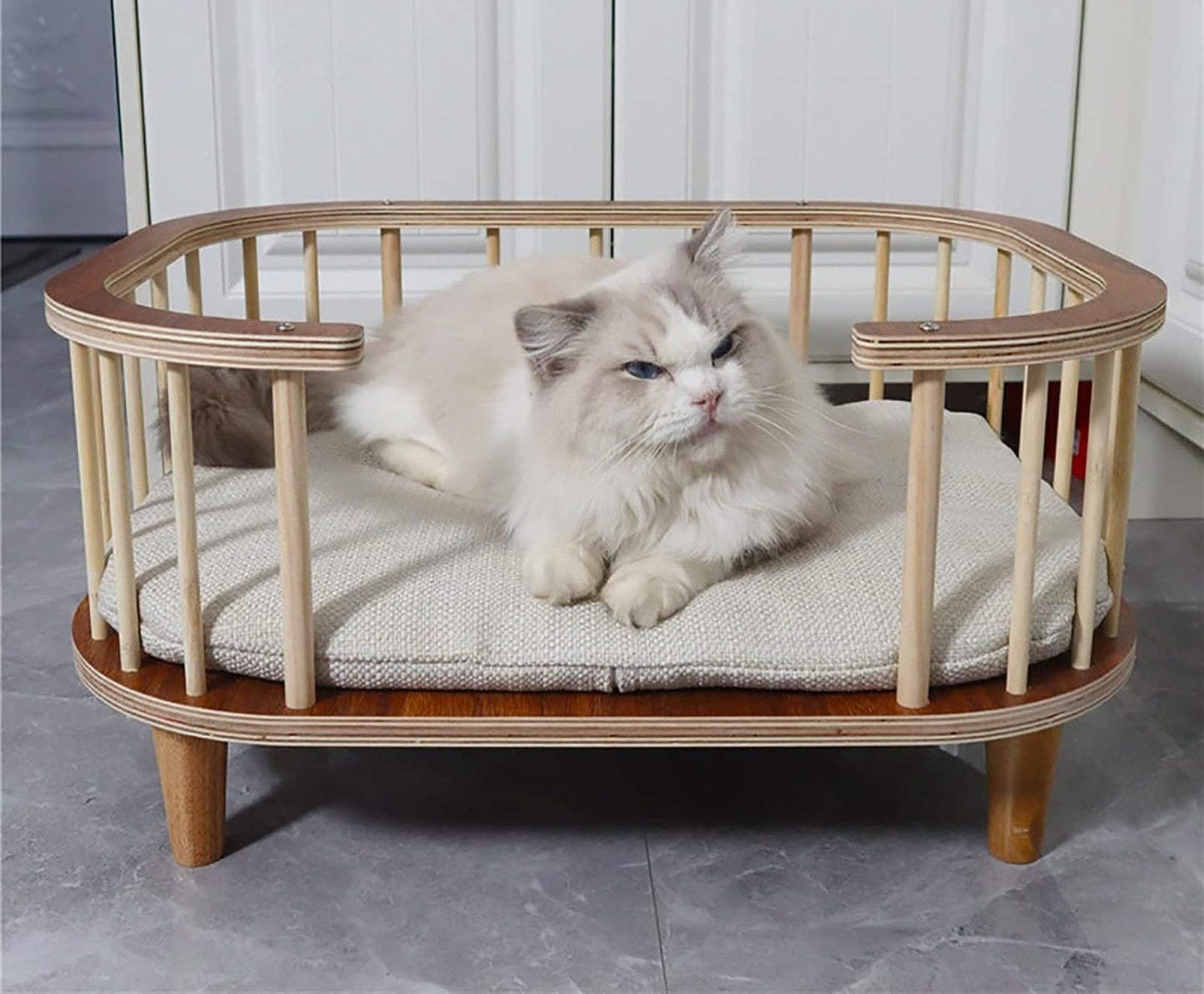 Pet Bed Retro Small Cats with Mattress, Portable Orthopedic Joint Relief Wood Frame Couch, Easy Assemble, for Pets Within 30 Kg / 66 Lbs