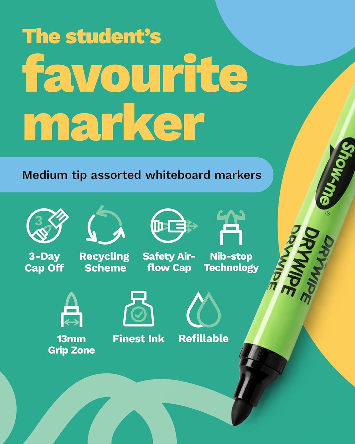 SHOW-ME Box 10 Medium Tip Slim Barrel Dry Erase Markers - Assorted Colours (SDP10A)