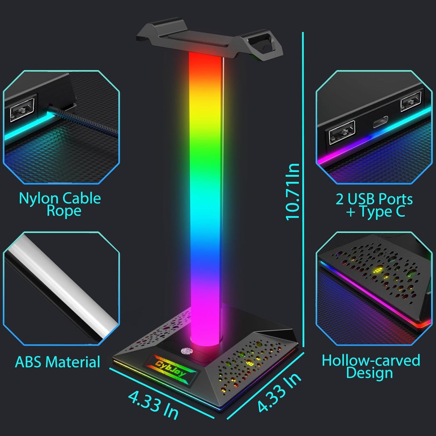 Gaming Headphone Stand PC Accessories - RGB Headset Stand with 2 USB and 1 Type-C Ports, LED Headphone Stand Gift for Boys Men, Computer Game Accessories for Desk