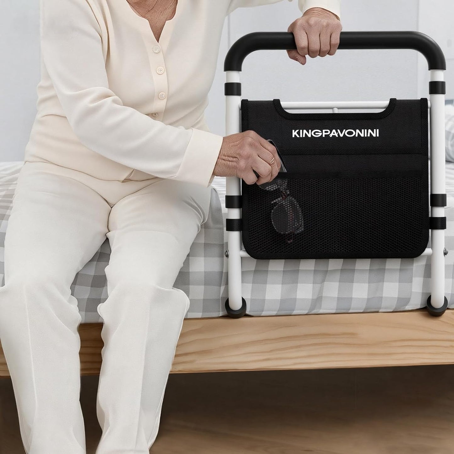 Bed Rails for Elderly Adults Safety - 2026 Upgrade - ASTM Compliant, Adjustable Bed Cane with Non-Slip Ergonomic Handle & Storage Pocket, Bed Railings for Seniors Load 400 LBS, Tool-Free Assembly
