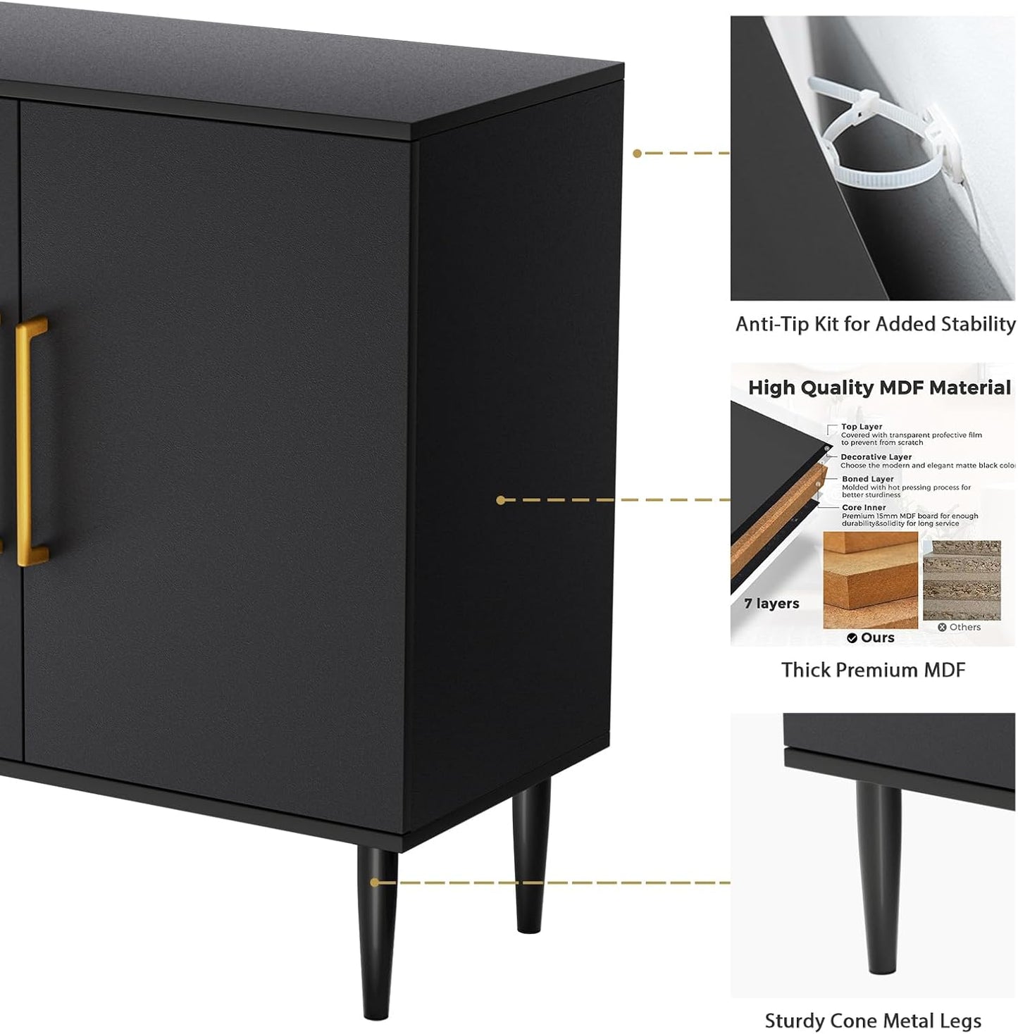 Modern Storage Cabinet, Free Standing Buffet Cabinet, Black Sideboard and Buffet Storage, Wood Accent Furniture for Living Room, Hallway, Entryway, Dining Room, Bedroom (1, Black) | Modern, Sideboard, Buffet Storage, with Doors, Accent Cabinet, 1