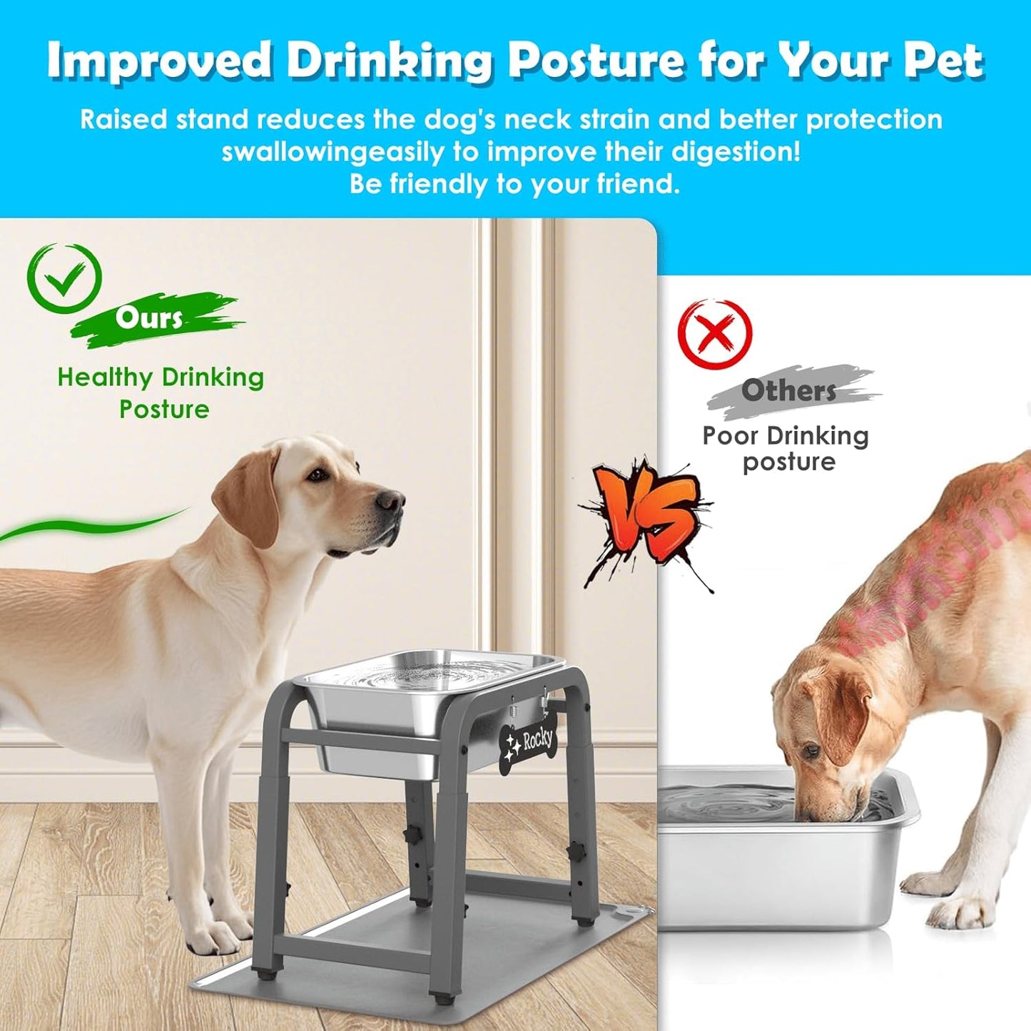 1.2 Gallon Elevated Large Dog Water Bowl with Mat, 4 Height Adjustable 12-17", Raised Dog Water Bowl Stand for Large Breed