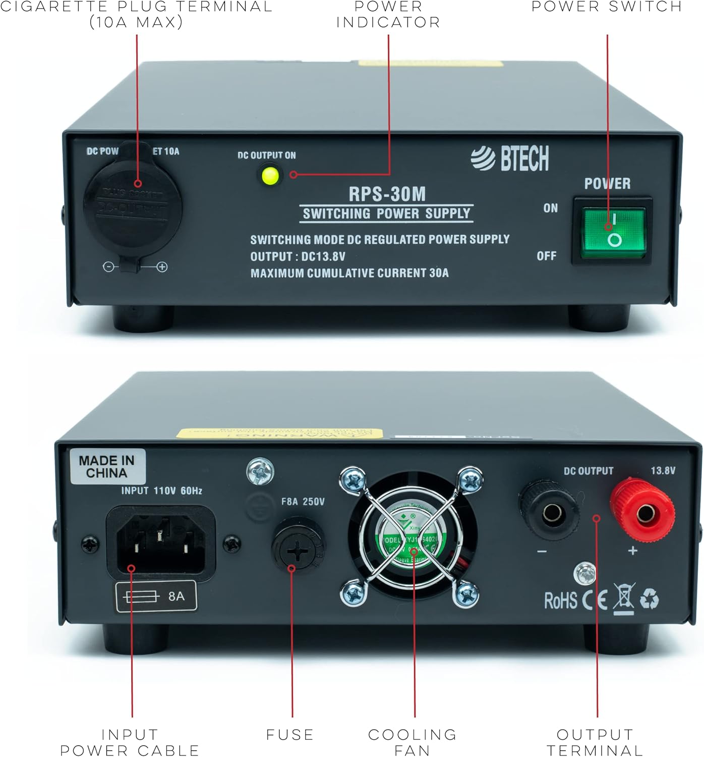 BTECH RPS-30M 30 Amp Compact Regulated Bench Power Supply - 13.8V AC-to-DC Converter with Screw Terminals & Cigarette Plug Output