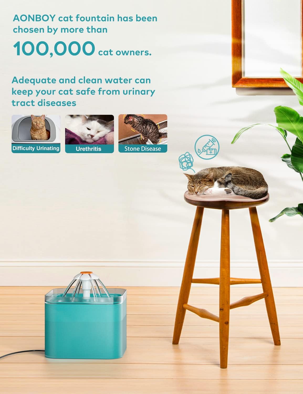 Cat Water Fountain for Drinking: Automatic Dog Bowl Dispenser - Pet Waterer Bowls Fountains - Auto Cats Dish Supplies - Quiet Animal Watering Machine - 67oz/2L Green Kitty Drink Dishes - AONBOY