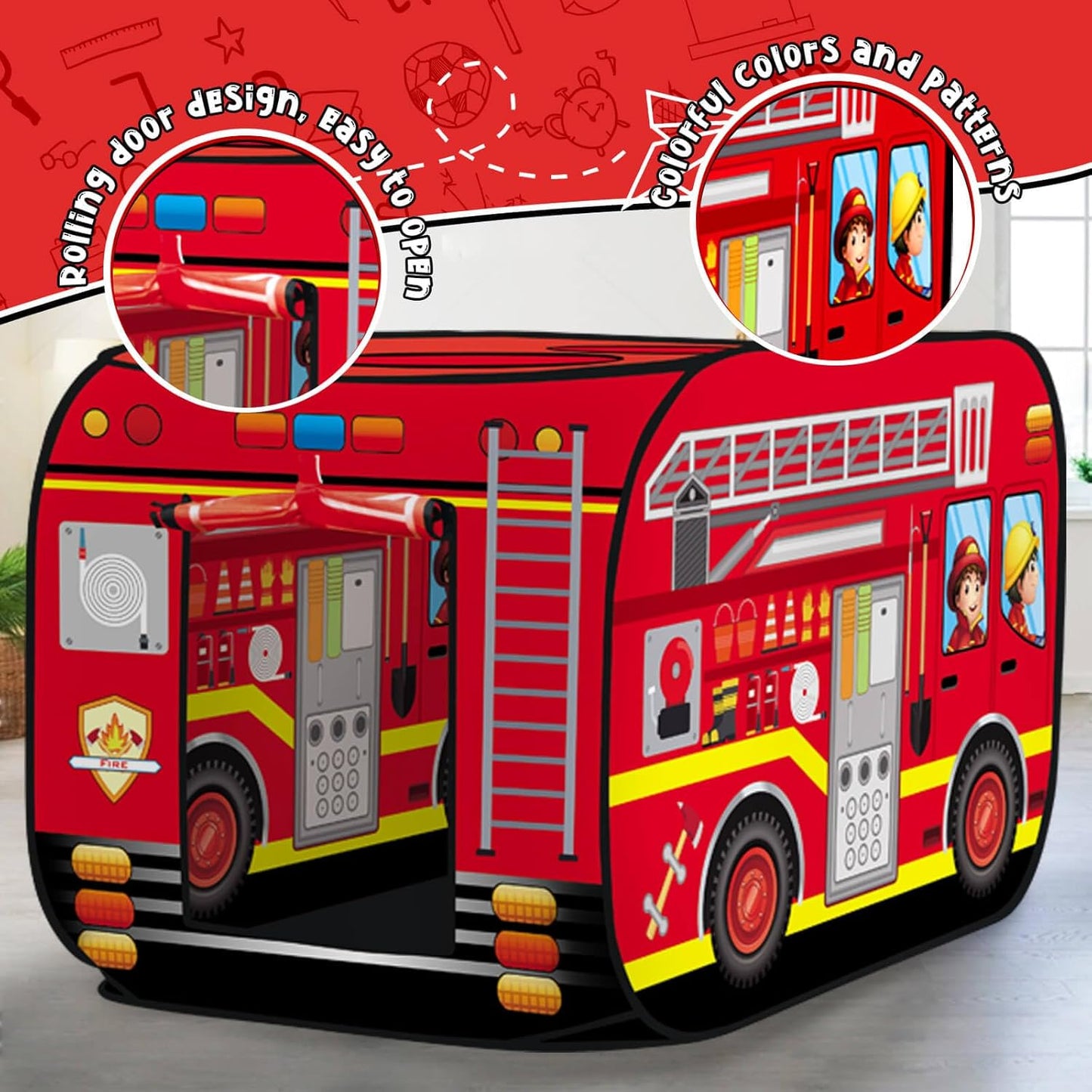 Pop Up Play Tent for Kids Aged 3-5 Years Old Boys and Girls : Fire Truck Tent Playhouse Toy Play Tents for Toddlers 3-5 Kids Tent Indoor Outdoor Playhouse Toys for 3 + Year Old, Fire Truck