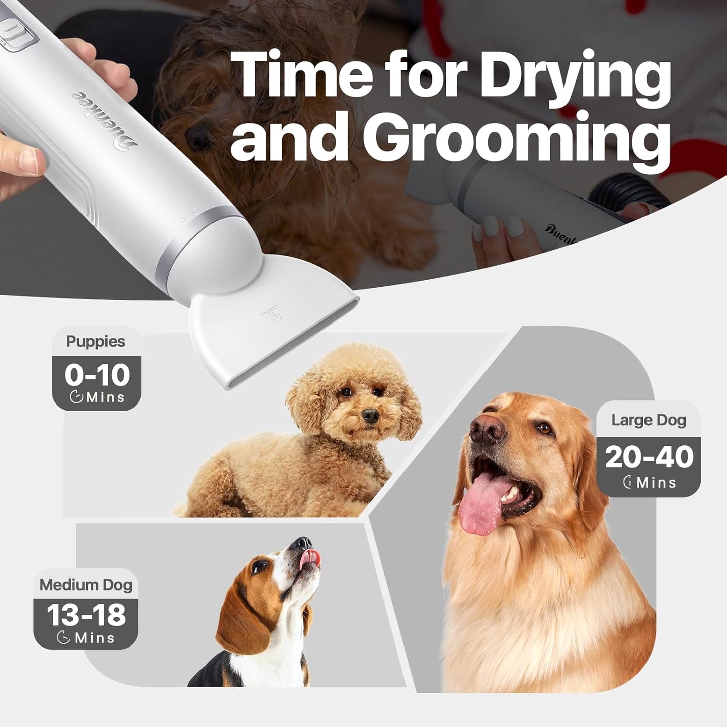 Dog Dryer Handheld Pet Hair Dryer, 3HP High-Velocity Blower with 3 Speeds & 4 Temps Lightweight, Quiet Design. Portable Blow for Travel & Home Grooming. Includes 3 Nozzles (White)