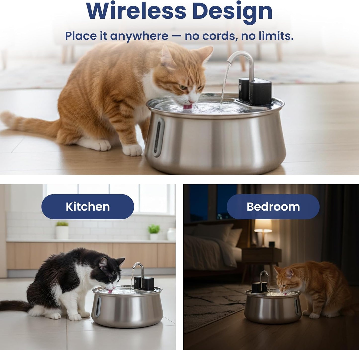 PawsPik Stainless Steel Battery Operated Cat Water Fountain, 4L Cordless Pet Fountain with Faucet-Style Flow, Automatic Water Dispenser for Cats Indoor, Motion Sensor & 3 Flow Modes