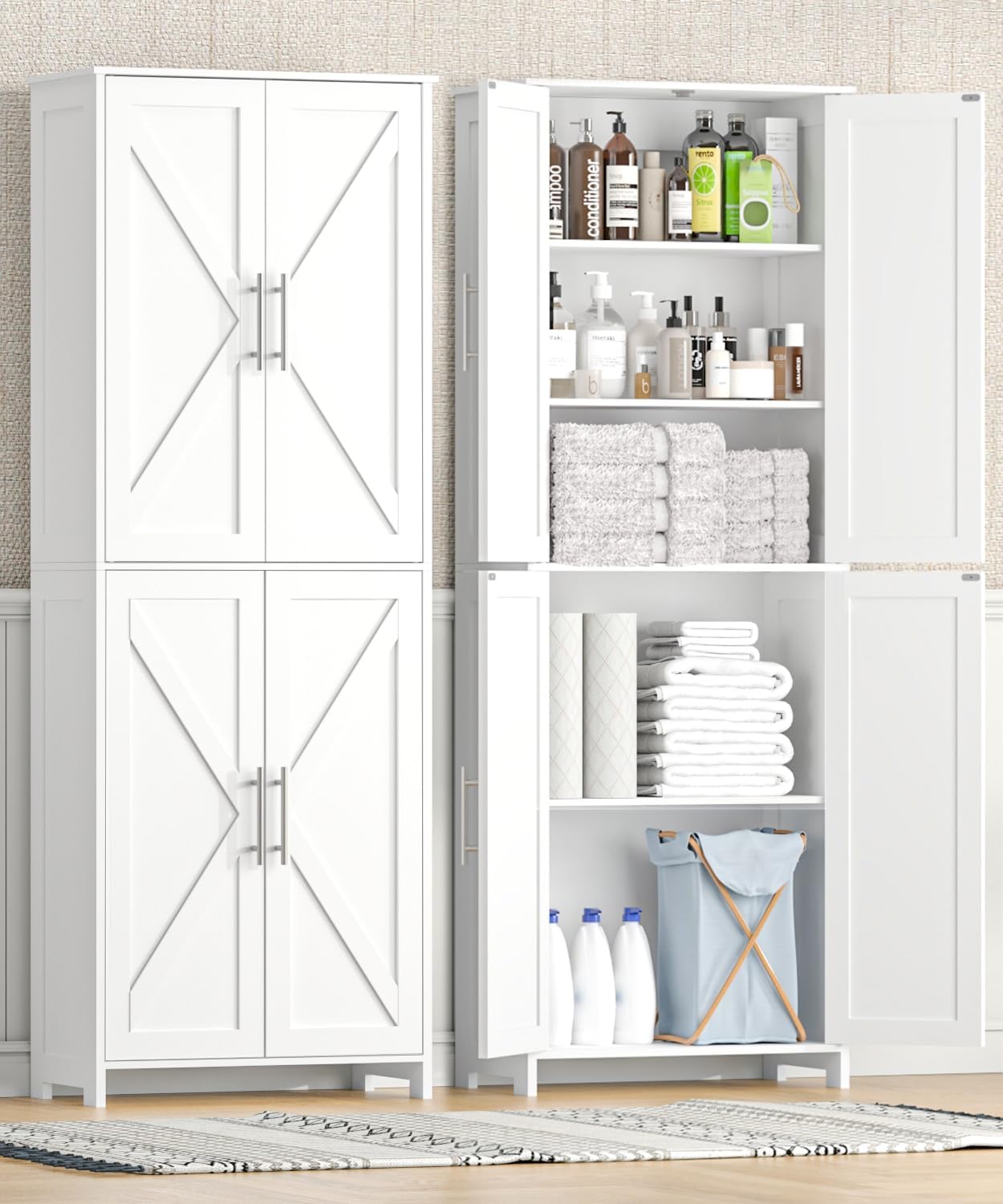 Tall Bathroom Storage Cabinet, 11 x 22.8 x 63 Inches, Floor Cabinet with Barn Doors, Adjustable Shelf, Linen Pantry Cabinet for for Kitchen, Laundry Room, Living Room, Entryway, White