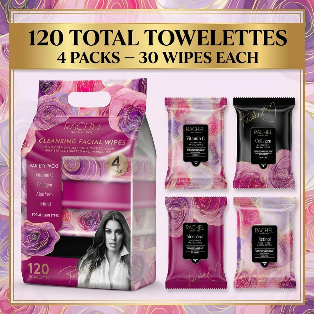 Rachel Roy 4 Pack Face Wipes for Women - Cleansing Makeup Remover Wipes with Vitamin C, Retinol, Collagen & Aloe Vera - 120 Pcs