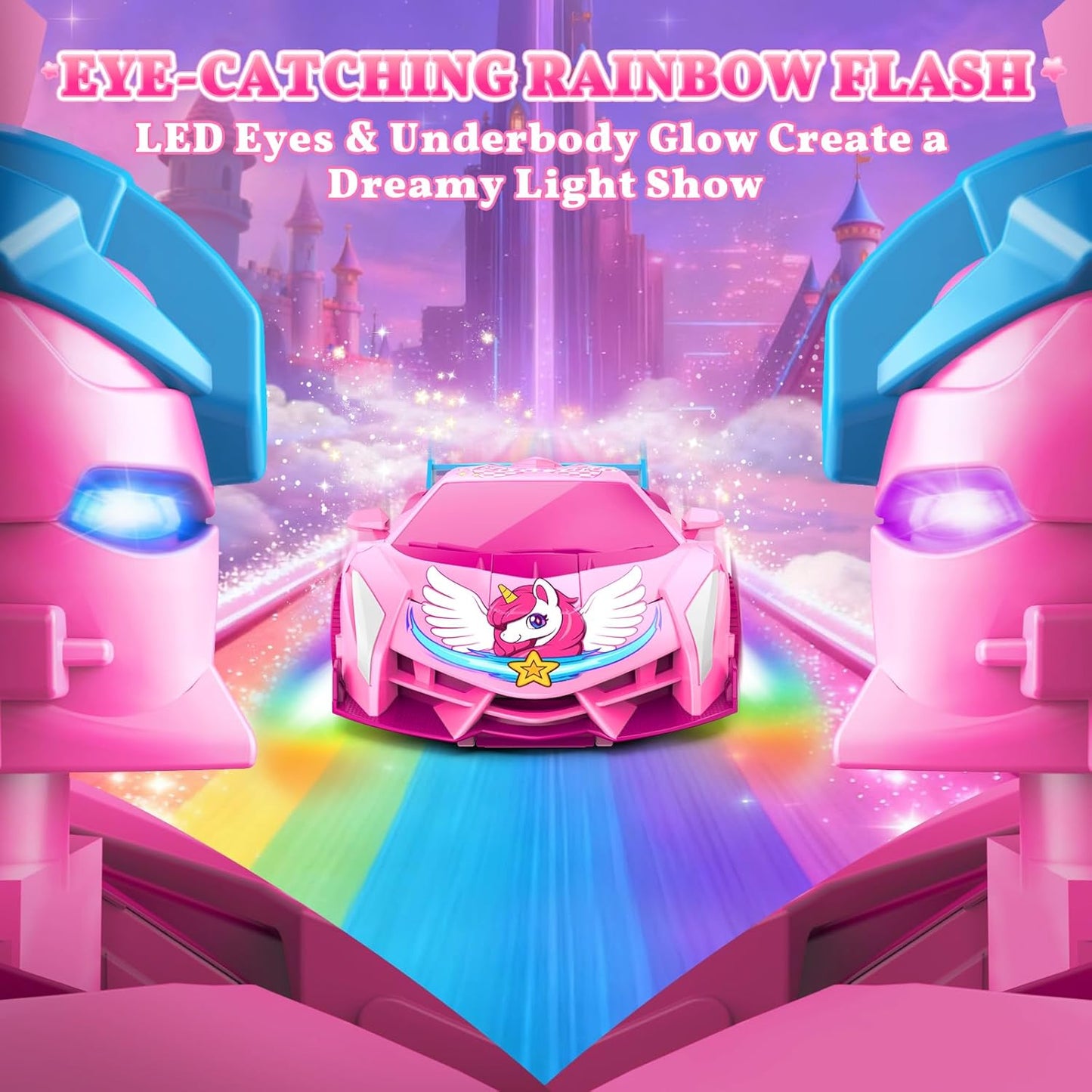 Unicorn Transform RC Cars for Girls Toys with Rainbow Eyes & Underbody Lights, Fast 360°Rotation & 2.4GHz Robot Remote Control Car One-Button Deformation,Easter Basket Stuffers for 3-12 Year Old Girls