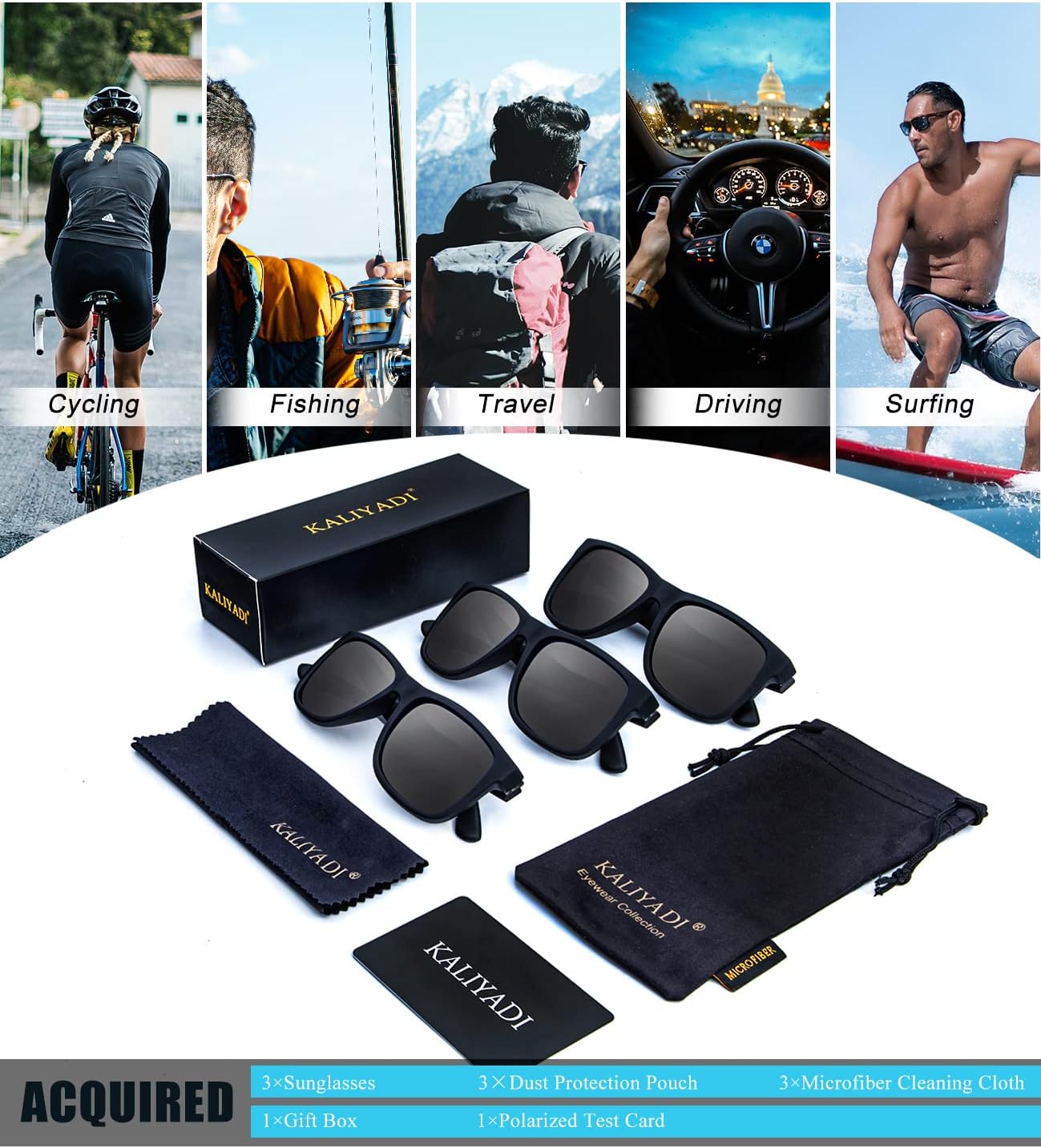 KALIYADI Sunglasses Men Polarized Sun glasses for Mens Womens Classic Matte Black Frame UV Protection 3pack
