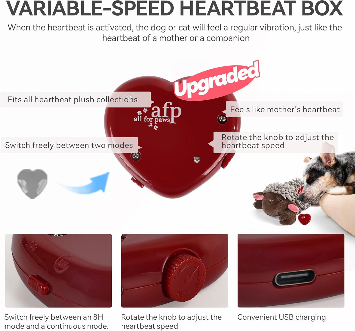 ALL FOR PAWS Heartbeat Dog Toy for Sleep Aid, Stuffed Animal Plush Toy for Puppy Anxiety Relief & Behavioral Training, Snuggling Plush Toy with Warm Bag & Adjustable-Speed Heartbeat, USB Rechargeable