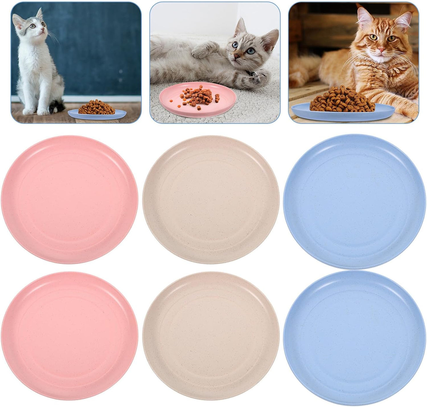 Milisten 6pcs Shallow Kitten Feeding Bowls Set Wide Cat Food Plates for Indoor Cats Sturdy Plastic Pet Bowls for Kittens and Short-Legged Multi-Color (Beige, Pink, Blue)