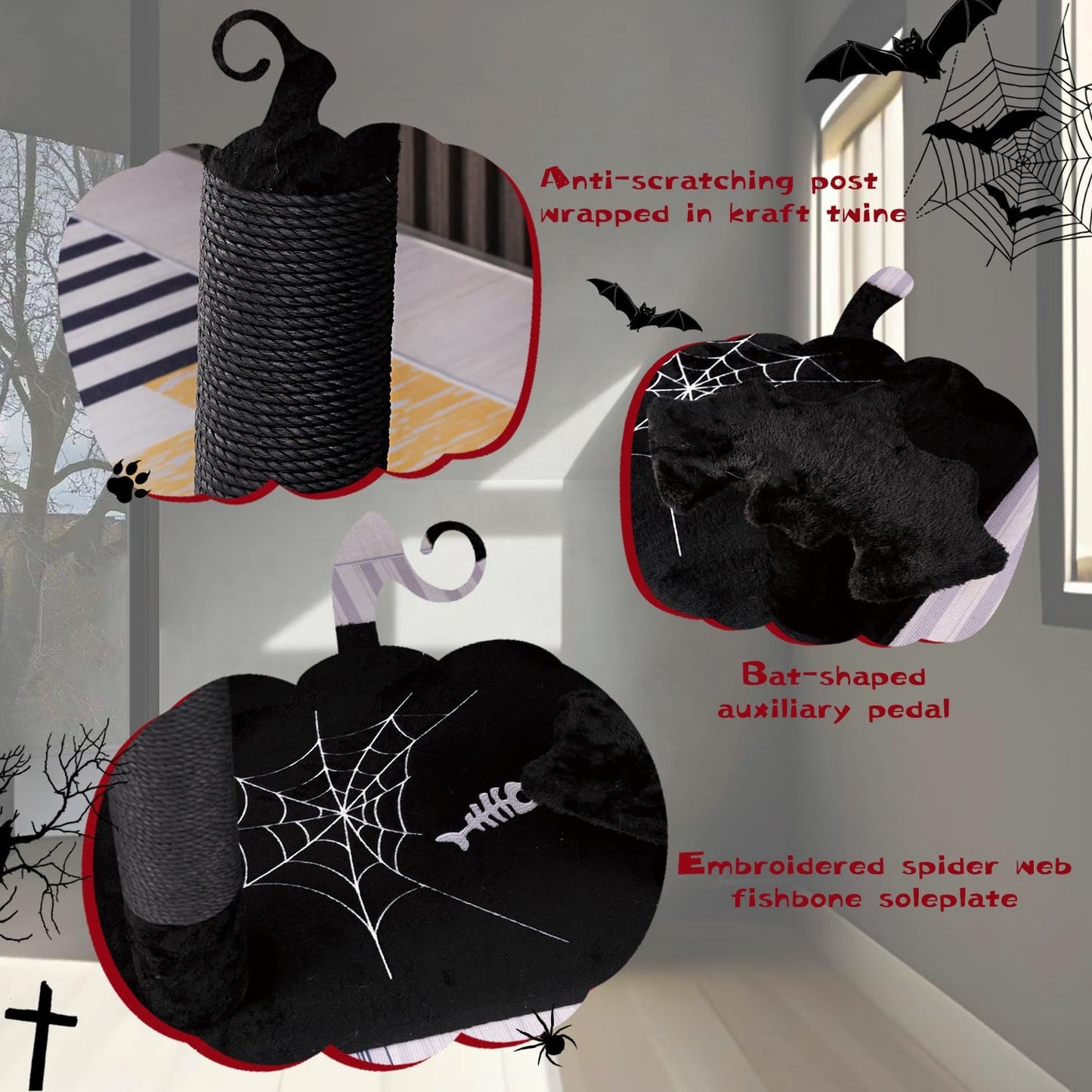 Gothic Cat Tree with Coffin Bed，62.5" Black Cat Tower with Spacious Demon Styled Cat Condo，Cozy Plush Perch, Scratching Posts，Hanging Ball，Multi-Level Cat Activities Furniture for Large Cats