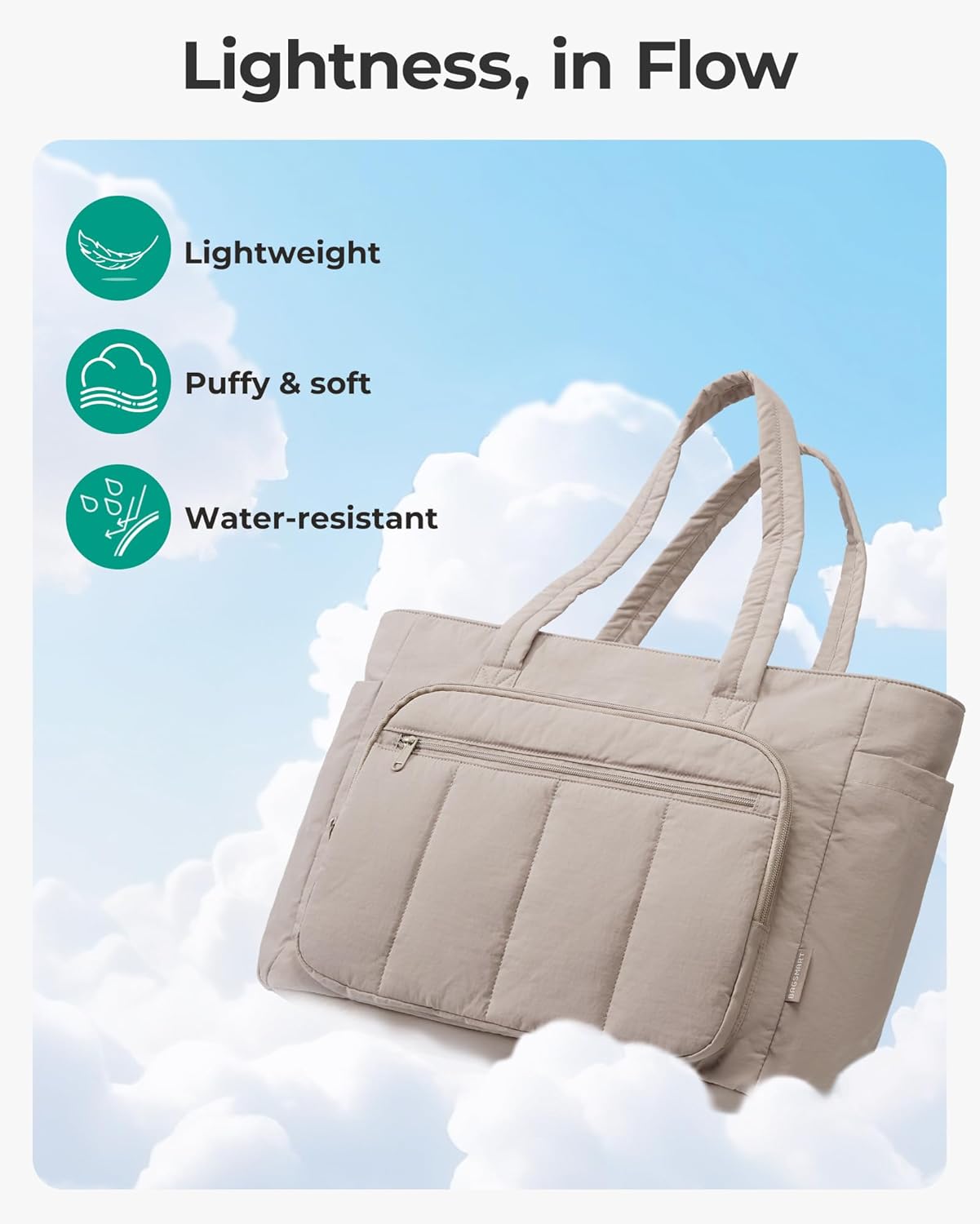 BAGSMART Tote Bag for Women, 2 Set Puffer Tote Bag with Zipper, Quilted Nurse Handbags for Work Travel College | 20L Capacity, 15.6'' Laptop Bag, with Cosmetic Bag, Carry on Bag, Nurse Gym Bag