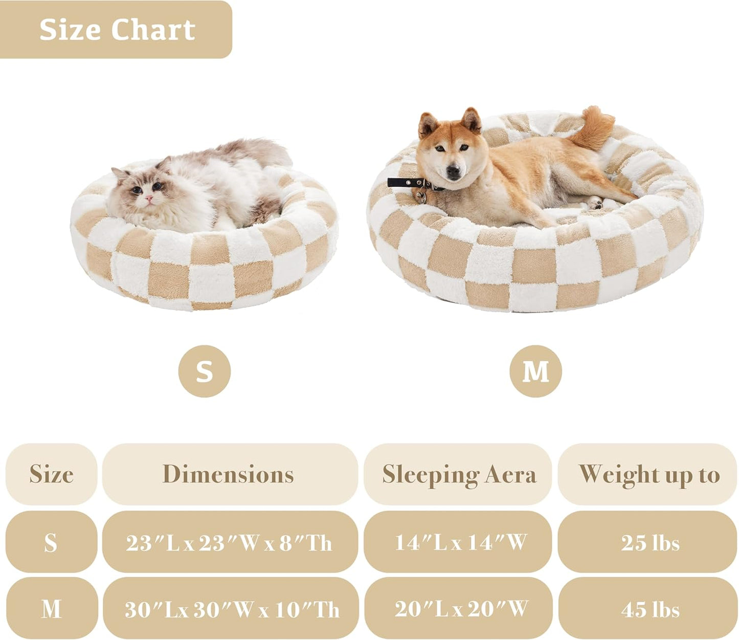 Checkered Cat Dog Bed, Cute Beige Khaki Retro Style Aesthetic Round Warming Pet Calming Beds for Small Dog and Cats, Plush Cozy Donut Beds Washable, 23" L x 23" W x 8" Th