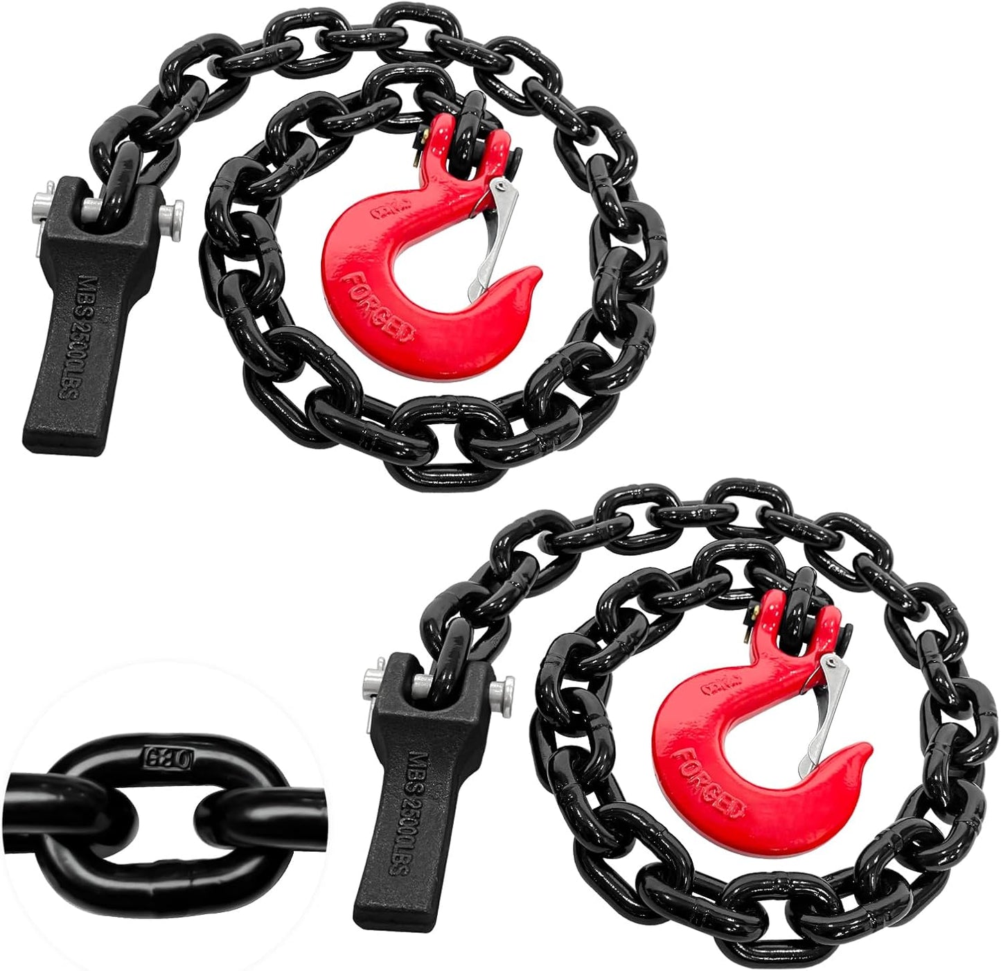 Heavy Duty 2-Pack 36 Inch Grade 80 Trailer Safety Chain with 3/8'' Red Clevis Snap Hook and Chain Retainer - WLL 25,000 lbs