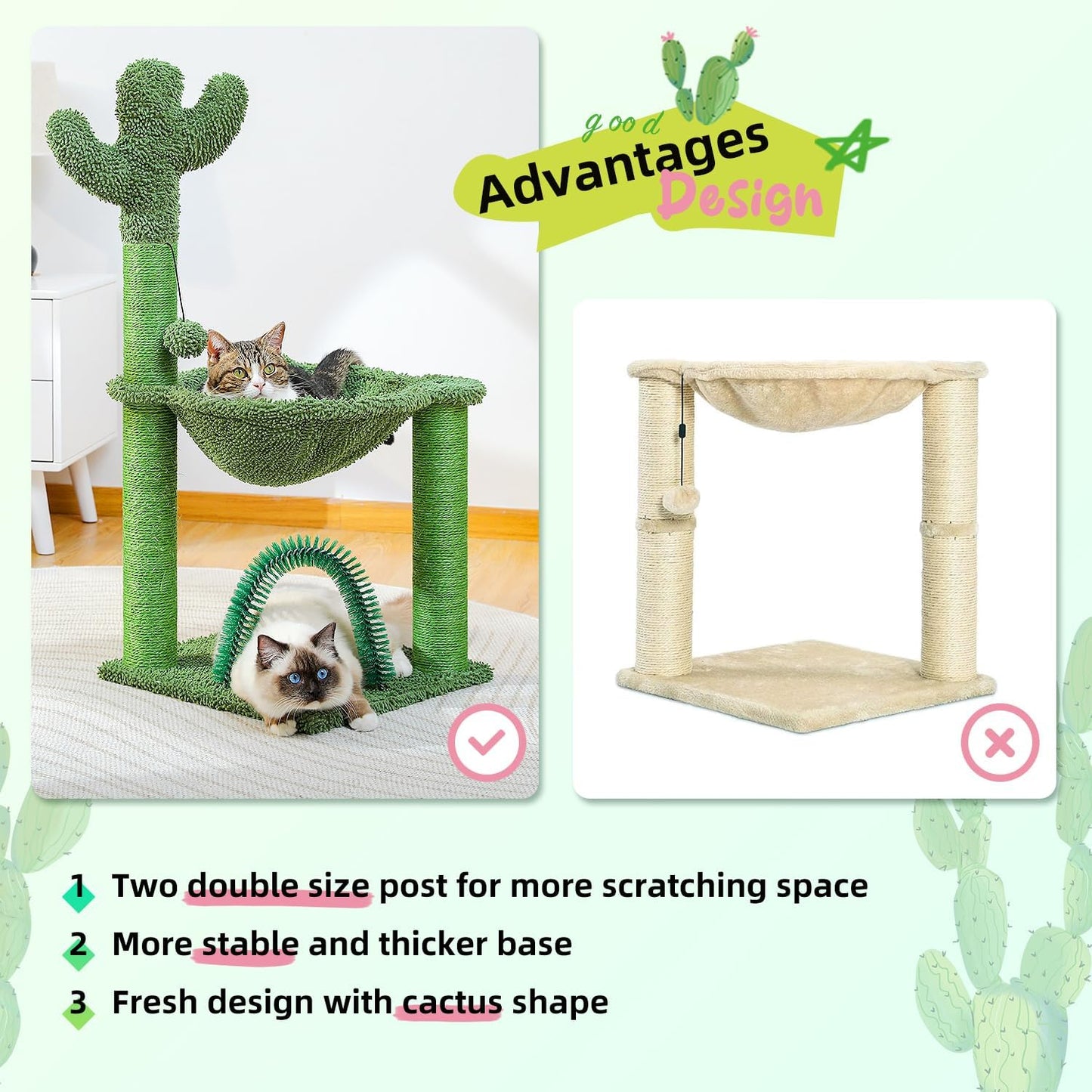 PAWZ Road Cactus Cat Tree, 33 Inchs Cat Tower with Cat Self Groomer, Soft Hammock and Fully Wrapped Sisal Scratching Post for Indoor Cats