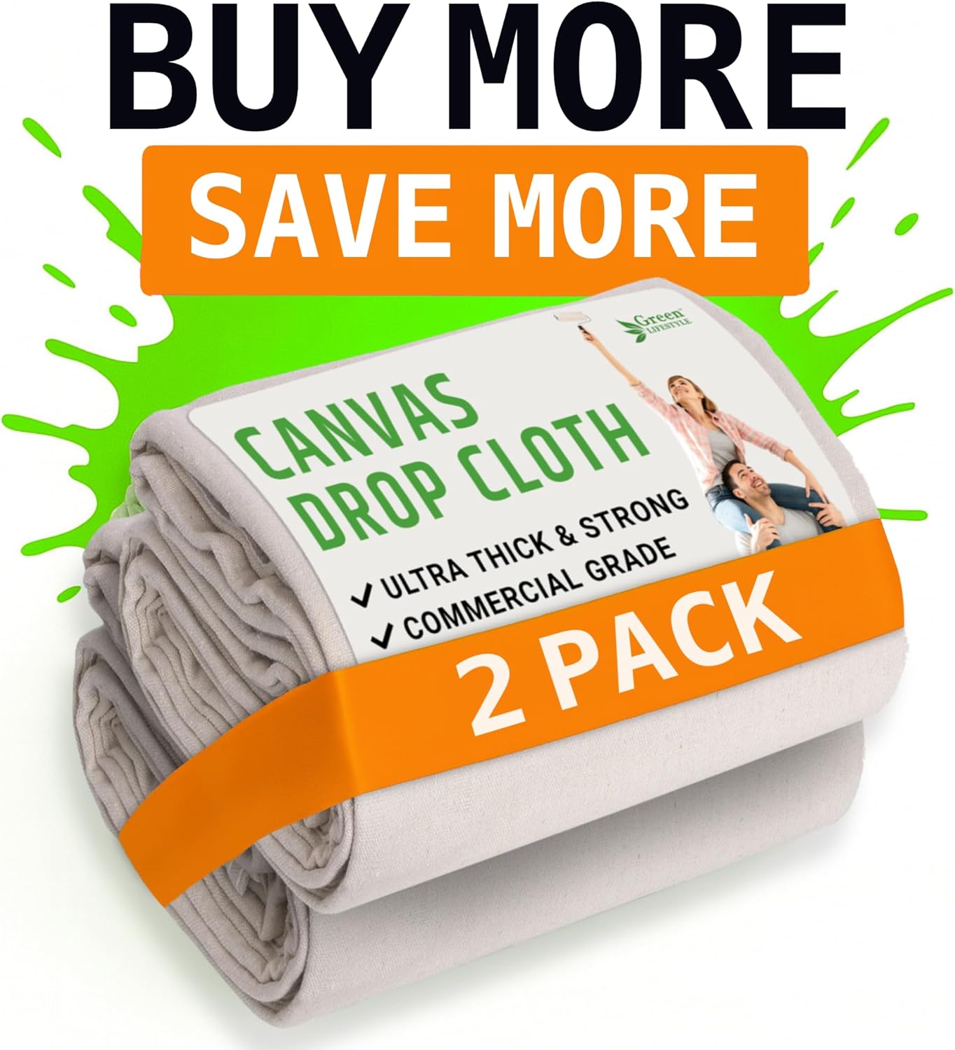GREEN LIFESTYLE All Purpose Canvas Drop Cloths - Drop Cloth for Painting, Floor Cover, Heavy Duty Protection for Furniture & Surfaces, Reusable Painters Canvas Tarp for Renovation & Home (4x12)