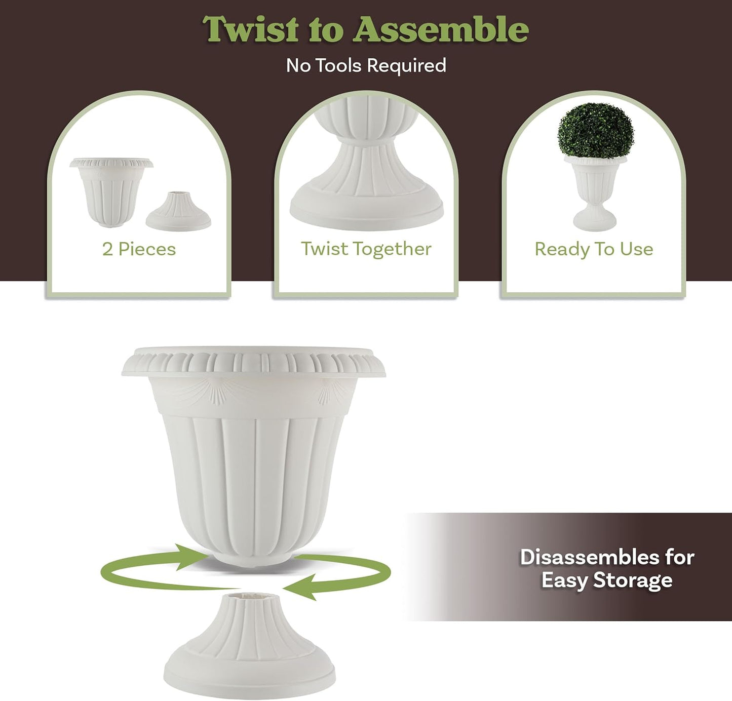 Outdoor Planter 2-Pack - 16x18-Inch Urn Planters - Plastic Plant Pots for Indoor, Outdoor, or Front Porch Decor - Flower Pots by Pure Garden (White)