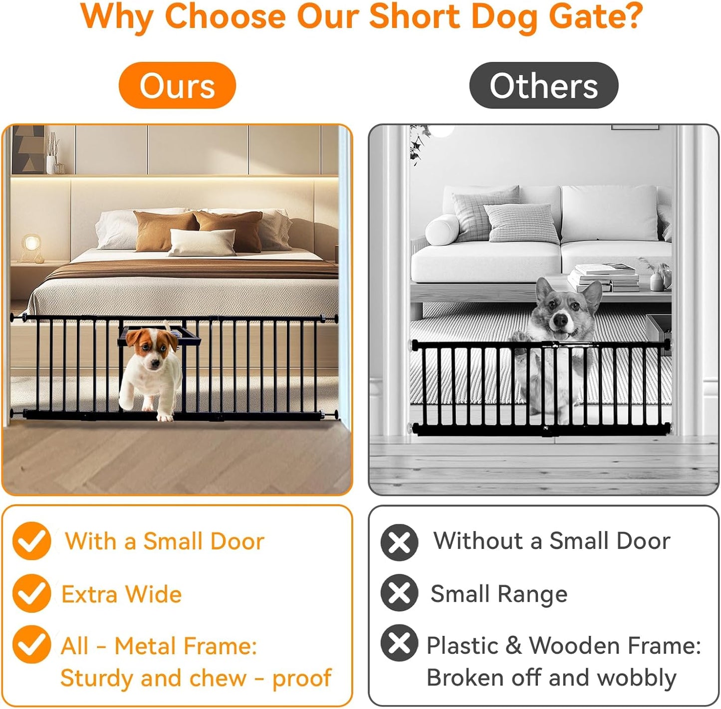 10" Height Short Dog Gate Adjustable18-48 Extra Wide Dog Gate with Small Cat Door,Pet Gate with 4 Extension Kits Pressure Mounted for Doorways & Stairs (Black, 10" Height)