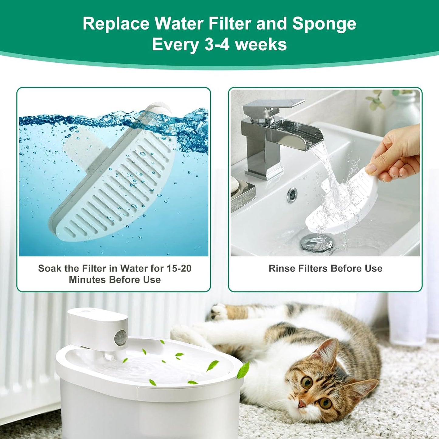 6 Pack Replacement Filters & 12 Pack Replacement Filter Sponges for 67oz/2L Automatic Pet Fountain Cat Water Fountain Cat Water Dispenser
