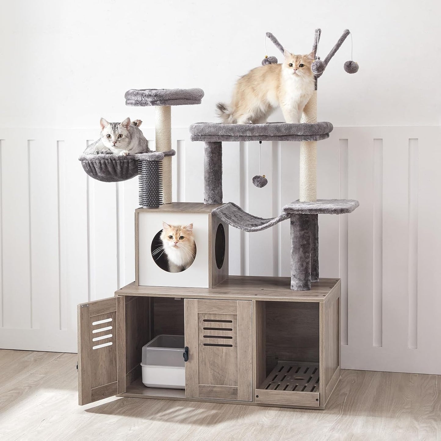 HOOBRO Large Hidden Litter Box, Cat Tree with 30.7'' Long Litter Box Enclosure, Modern Cat Tower, Cat Condos with Scratching Posts, Rubbing Post, Hammock and Teaser Sticks, Greige BG28MZ03G1