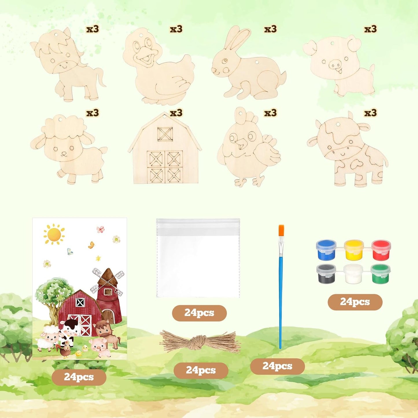 24 Pcs Farm Party Favors Farm Animal Wooden Painting Craft Kits Farmer Animal Birthday Party Supplies with Organza Bag for Birthday Favors Goodie Bags Fillers