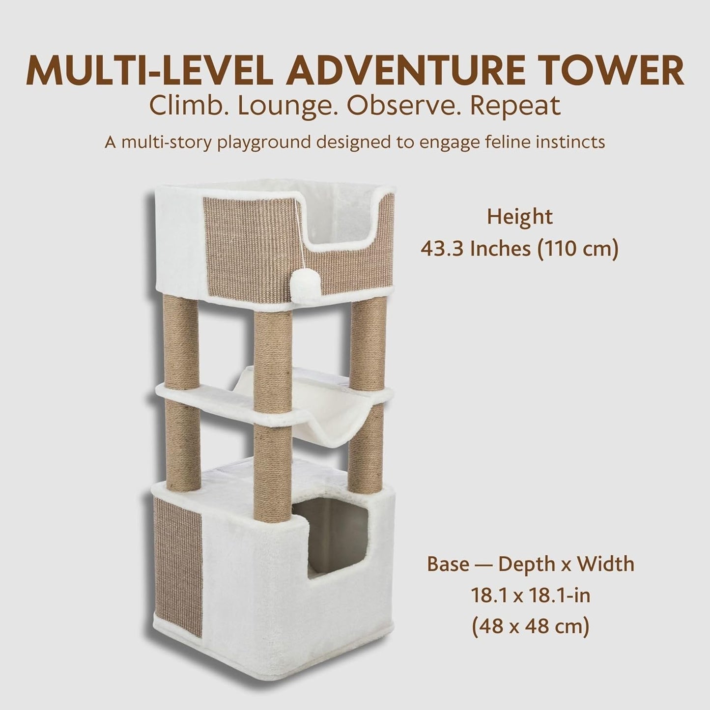 TRIXIE Lucano XXL Cat Tree, 43.3 -in Cat Tower with 8 Jute Scratching Posts, Hammock & Plush & Sisal Covered Condo, Sturdy Base, Interactive Pom-Poms, Indoor Furniture for Climbing & Relaxation, Brown