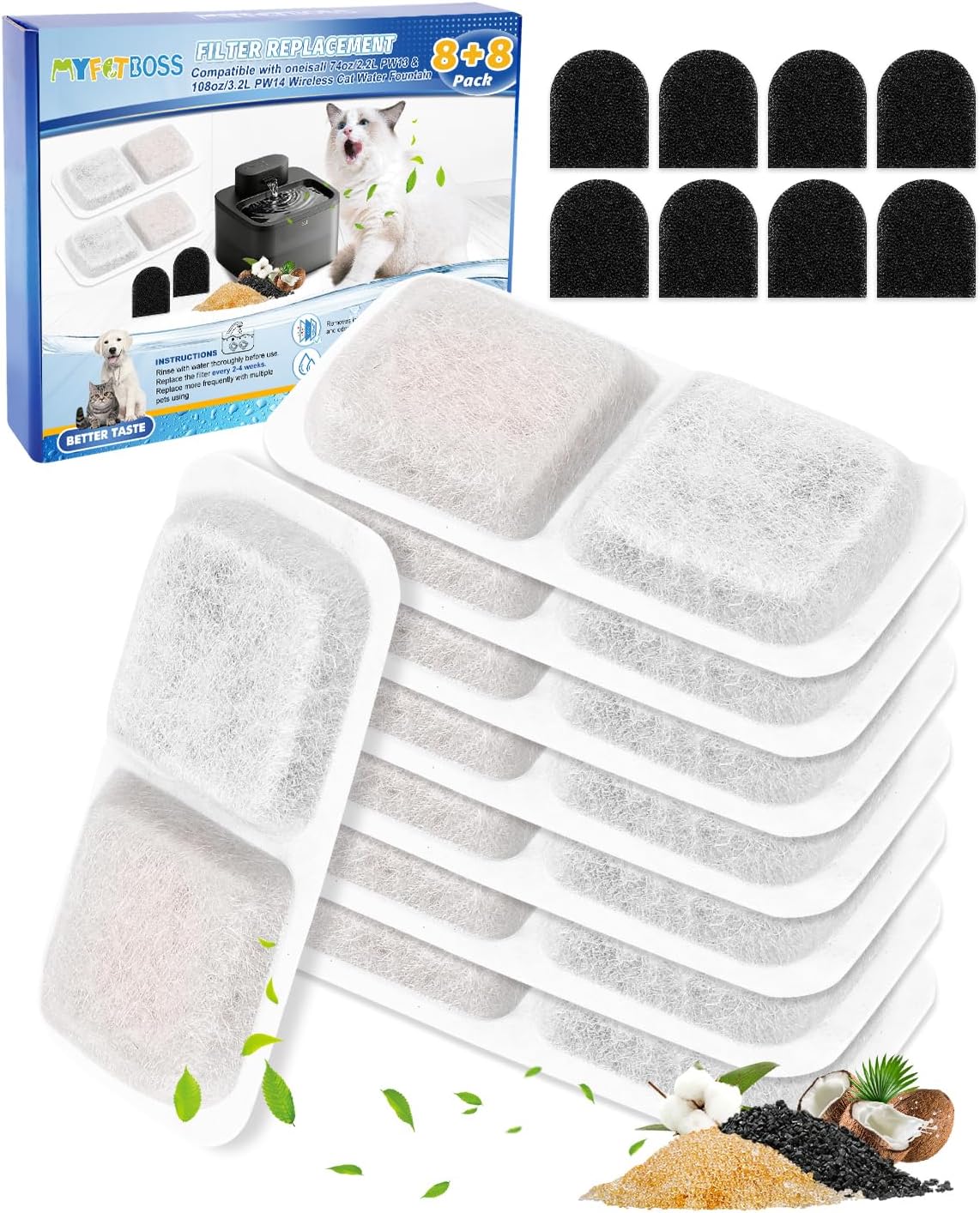 8+8 Pack Cat Fountain Filter Replacement Kit Compatible with oneisall 74oz/2.2L Pet Water Fountains for Cats and Dogs, Carbon Filters Fit for oneisall Fountain Keeping Pet Water Clean