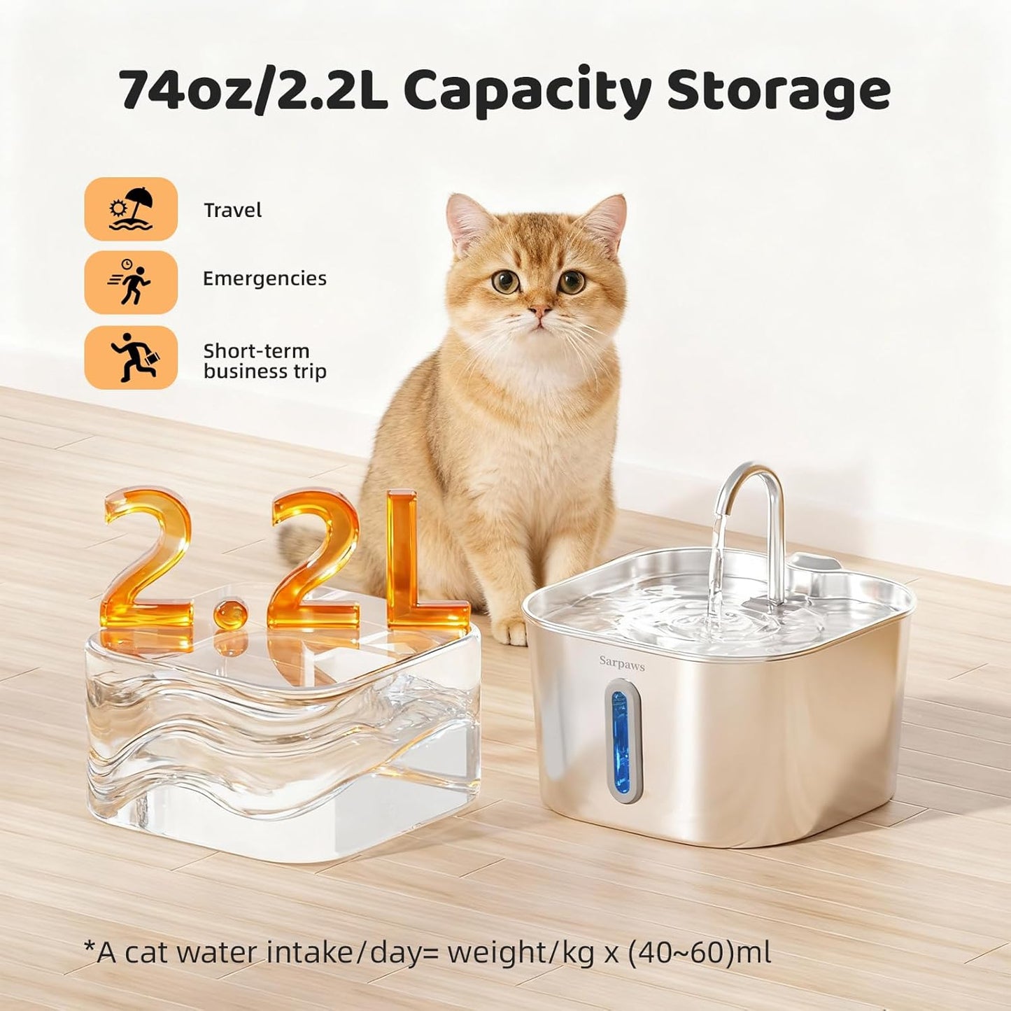 Cat Water Fountain Stainless Steel, 2.2L/74oz Pet Water Fountain for Cats Indoor, Ultra Quiet Cat Fountain for Cats and Small Animals, Cat Fountain for Drinking with 2 Filters & 2 Sponges