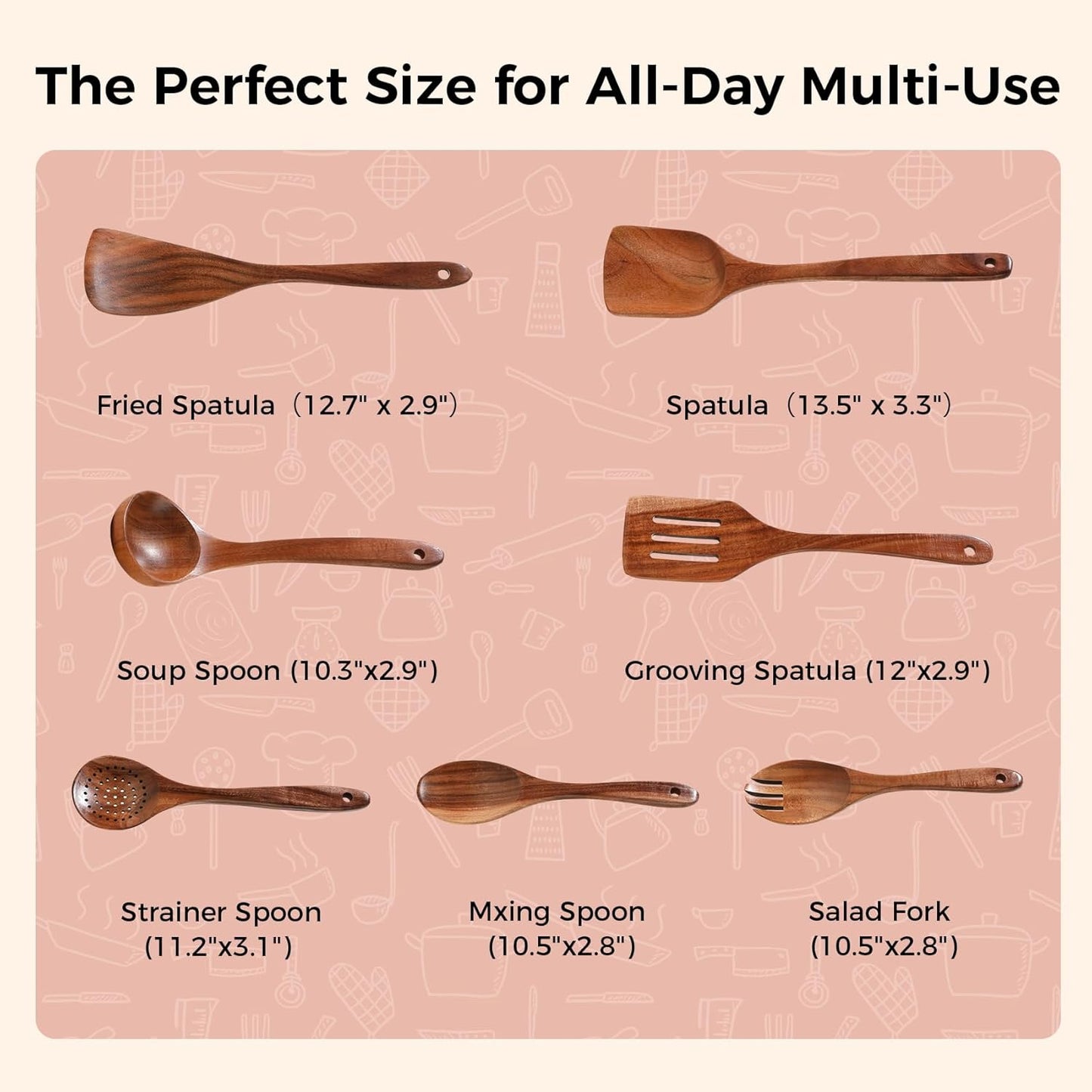 Wooden Spoons for Cooking - 7 Pieces Wooden Kitchen Utensils Set, Smooth Natural Teak Wood Utensil Set, Nonstick Heat-Resistant Cooking Utensils - Lightweight & Sturdy, Wooden Spatula for Cooking