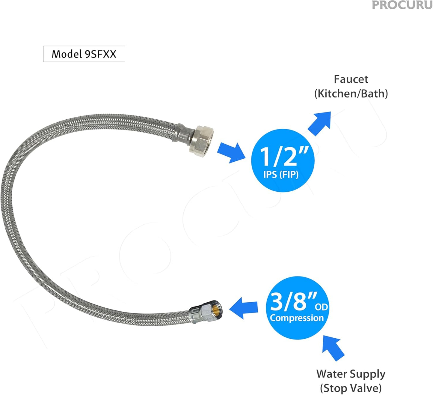 [10-Pack] PROCURU 16-Inch x 3/8" Comp x 1/2" FIP Faucet Hose Connector, Stainless Steel Braided Supply Line, Certified Safe (9SF16-10P)