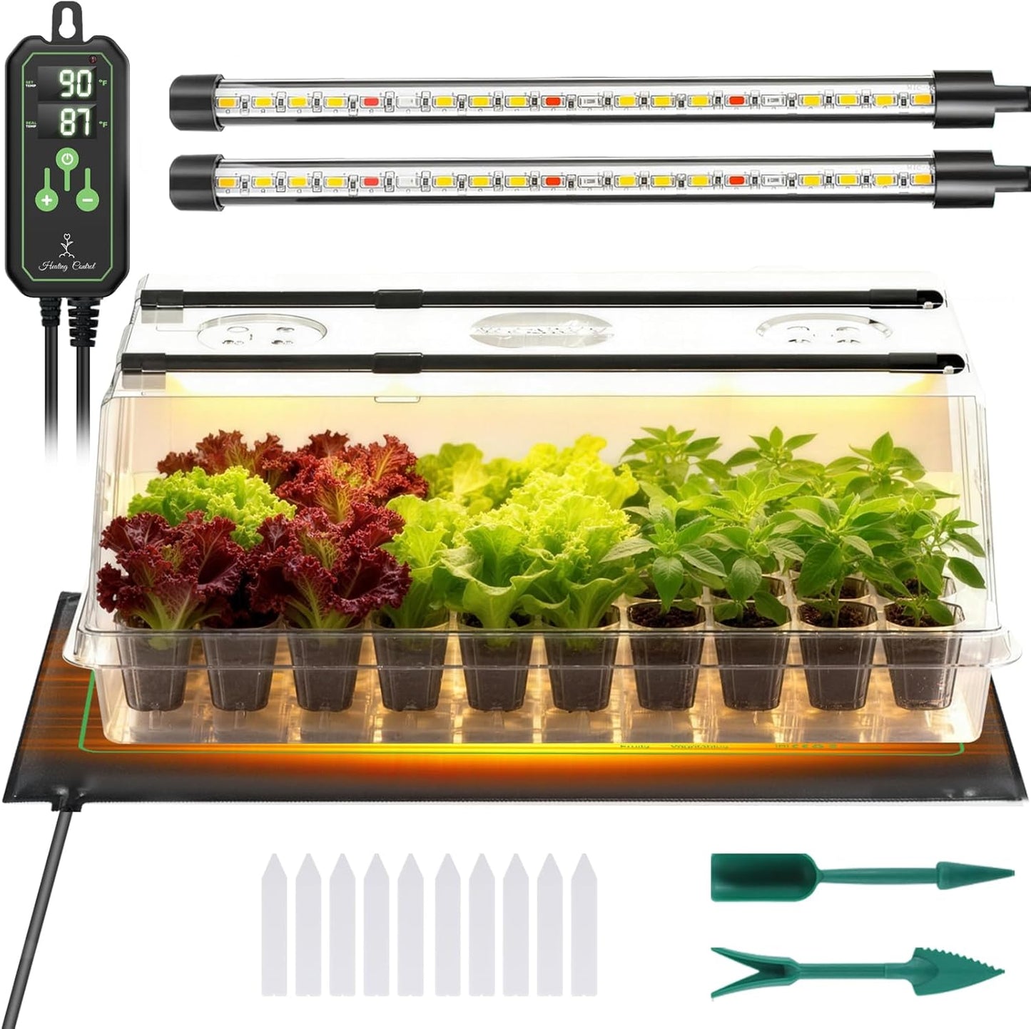 Large Seed Starter Tray with Grow Light and Thermostat Controller Heat Mat, 10"x 20.75" Heat Mats for Plant Growing，68-113°F Adjustable，Color Change Grow Lights，Germination Trays Kits