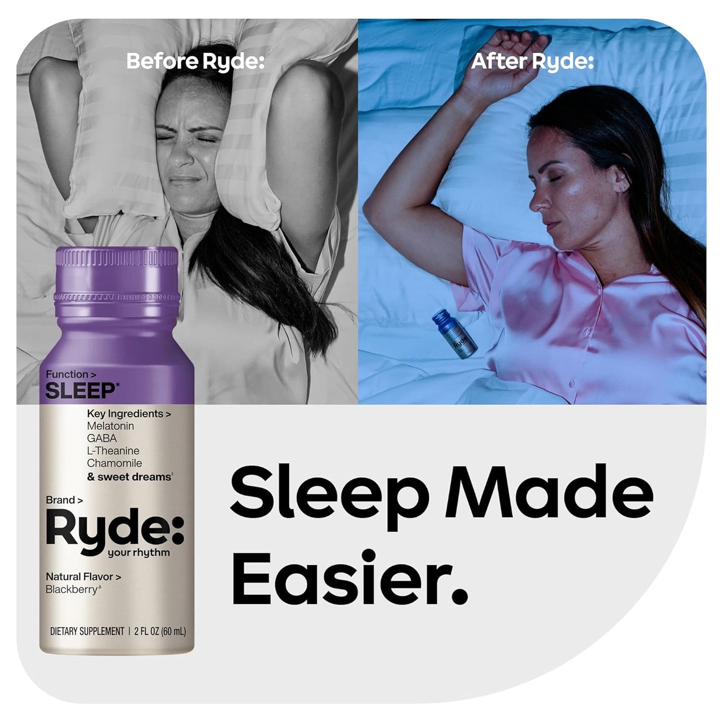 Ryde: SLEEP | 2oz Sleep Shot for Occasional Use | Melatonin, GABA, L-Theanine & Chamomile | Blackberry Natural Flavor | Sugar-Free, Zero Calories, Vegan | Manufactured in USA (8 Pack)